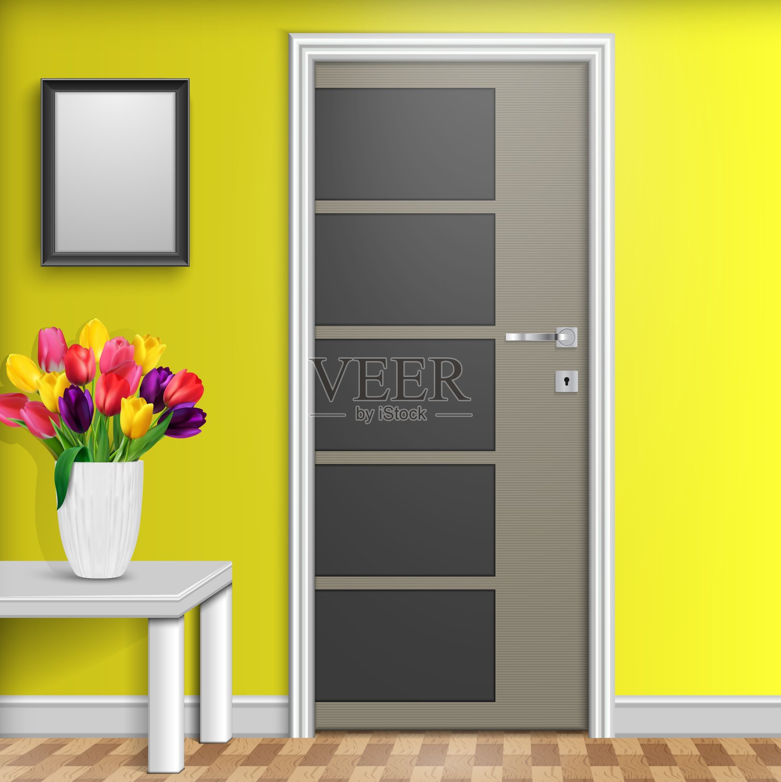关着的门上有花瓶和鲜花，白色的桌子孤立在黄色的墙壁背景上插画图片素材