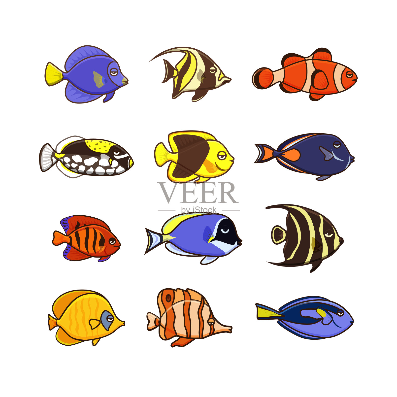 可爱的鱼矢量插图图标集。热带鱼、海鱼、观赏鱼插画图片素材