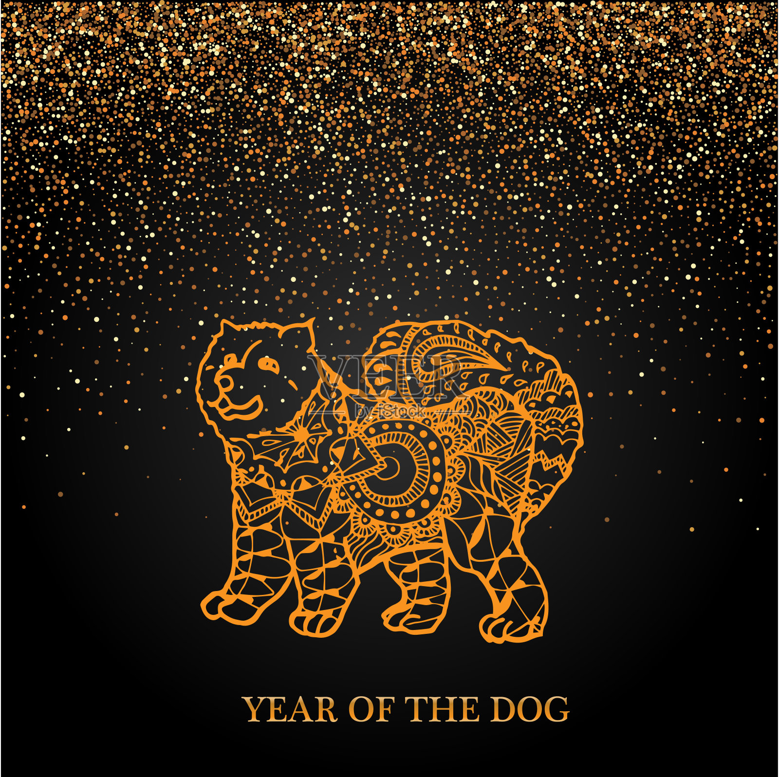 新年快乐和新年狗卡与金色狗在涂鸦风格抽象线条上黑色背景矢量设计插画图片素材