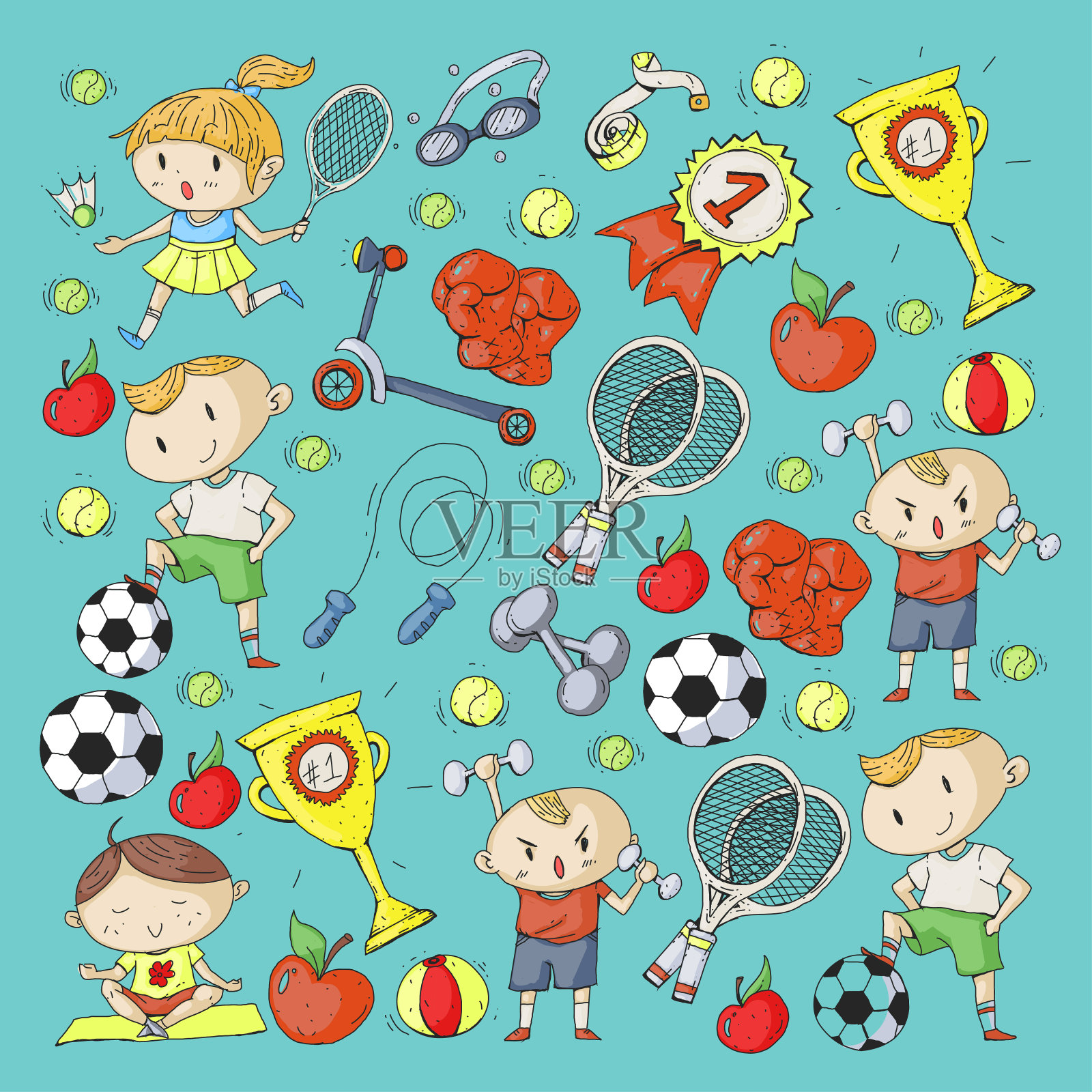 孩子的运动。孩子们画的。幼儿园，学校，大学，幼儿园。足球，足球，网球，跑步，拳击，橄榄球，瑜伽，游泳插画图片素材