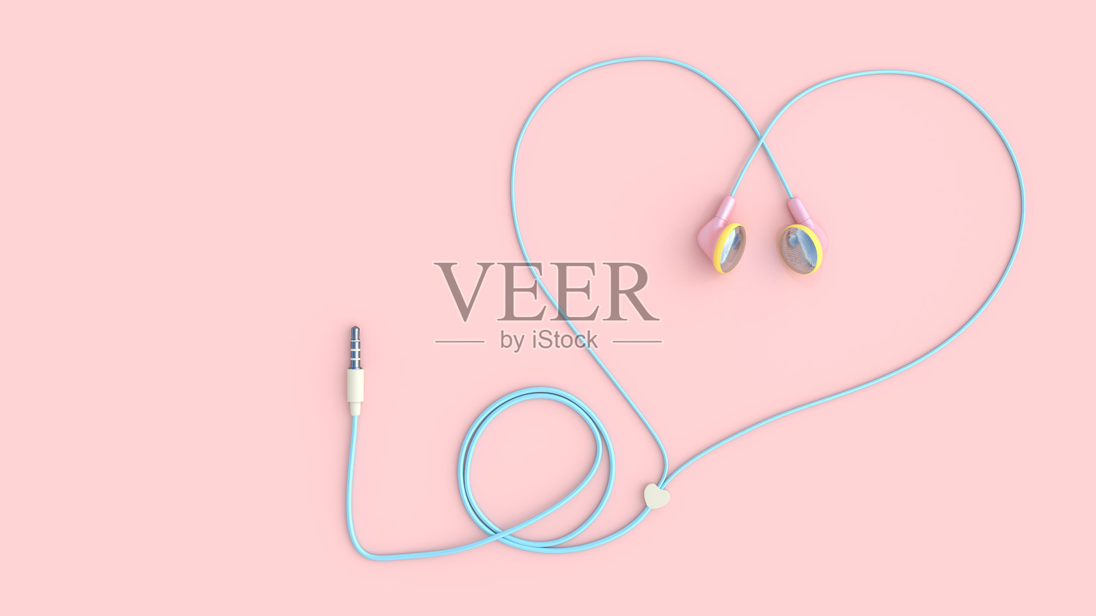 耳机粉色心形，粉粉色背景插画图片素材