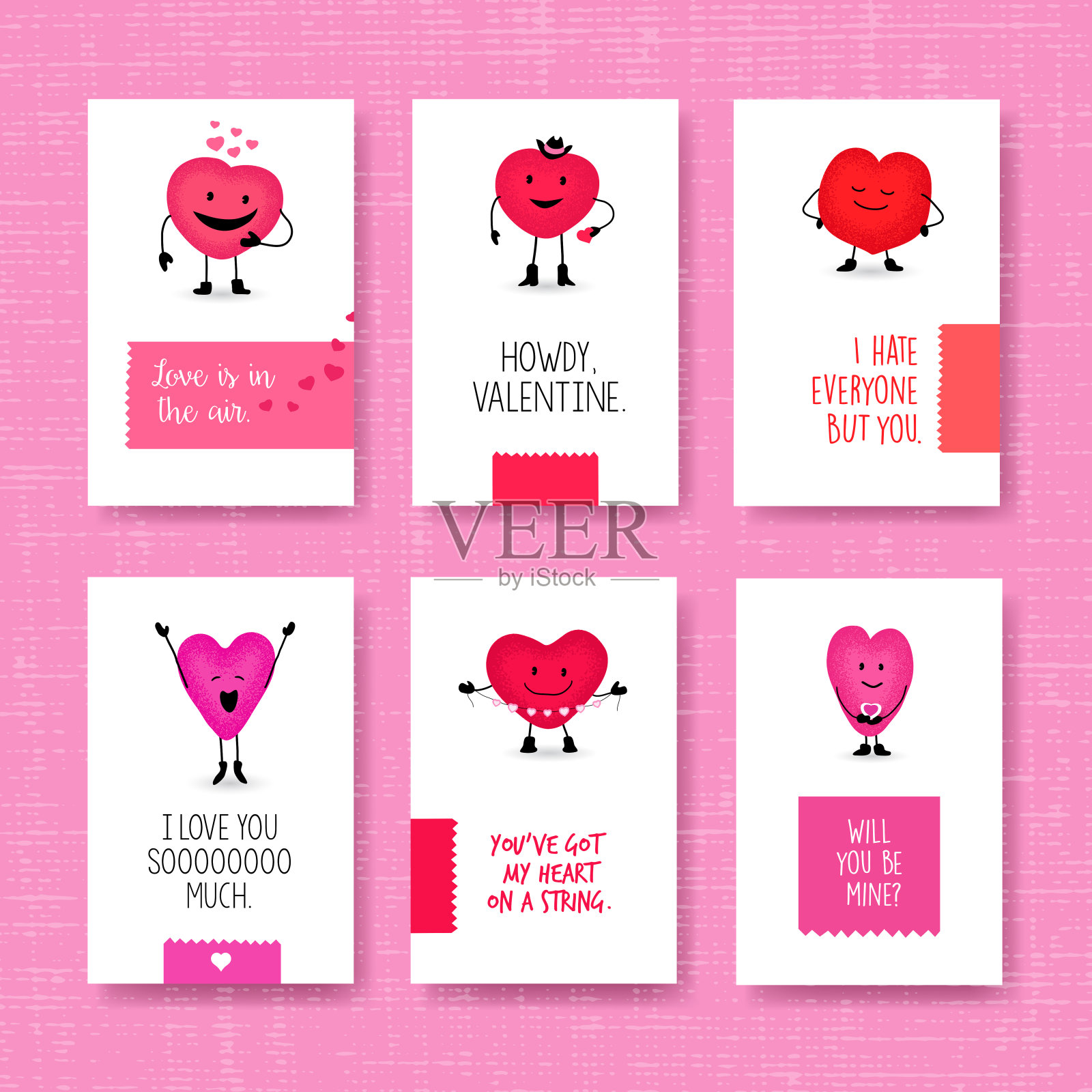 一套可爱的心形卡通人物的情人节贺卡。设计模板素材