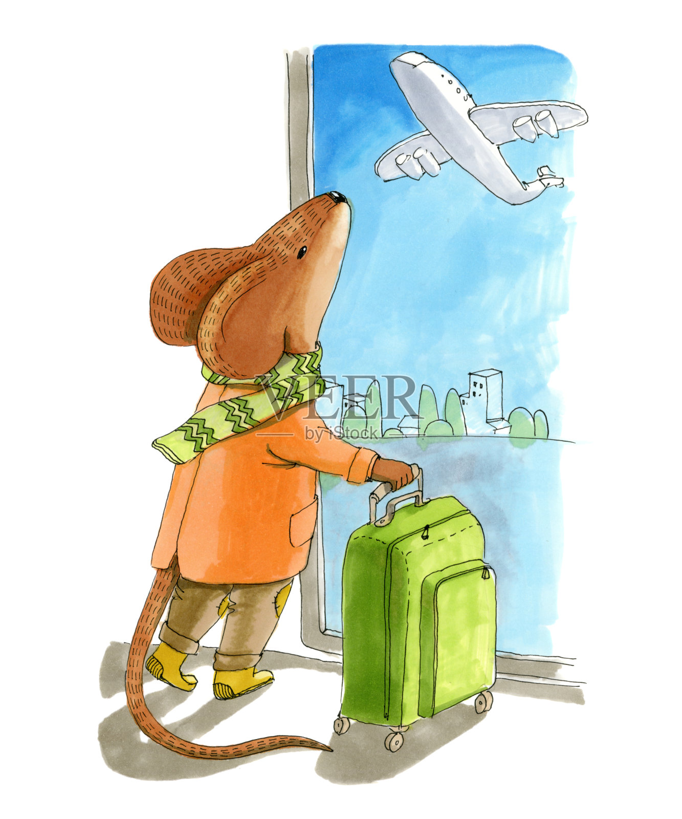 水彩插图。在机场靠窗户边那个戴围巾的老鼠拿着手提箱插画图片素材