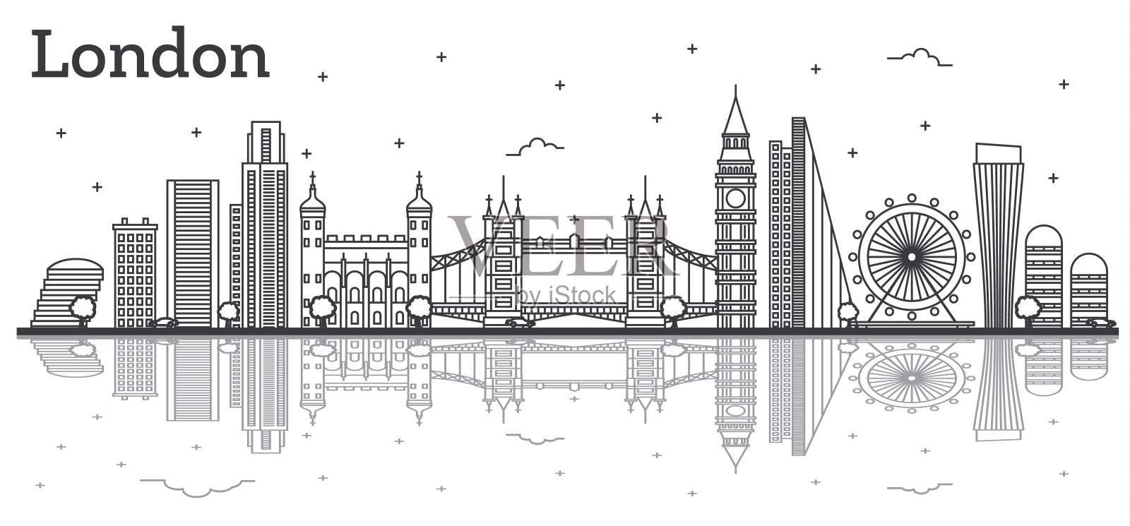 勾勒出英国伦敦城市天际线的现代建筑和孤立在白色上的倒影。插画图片素材