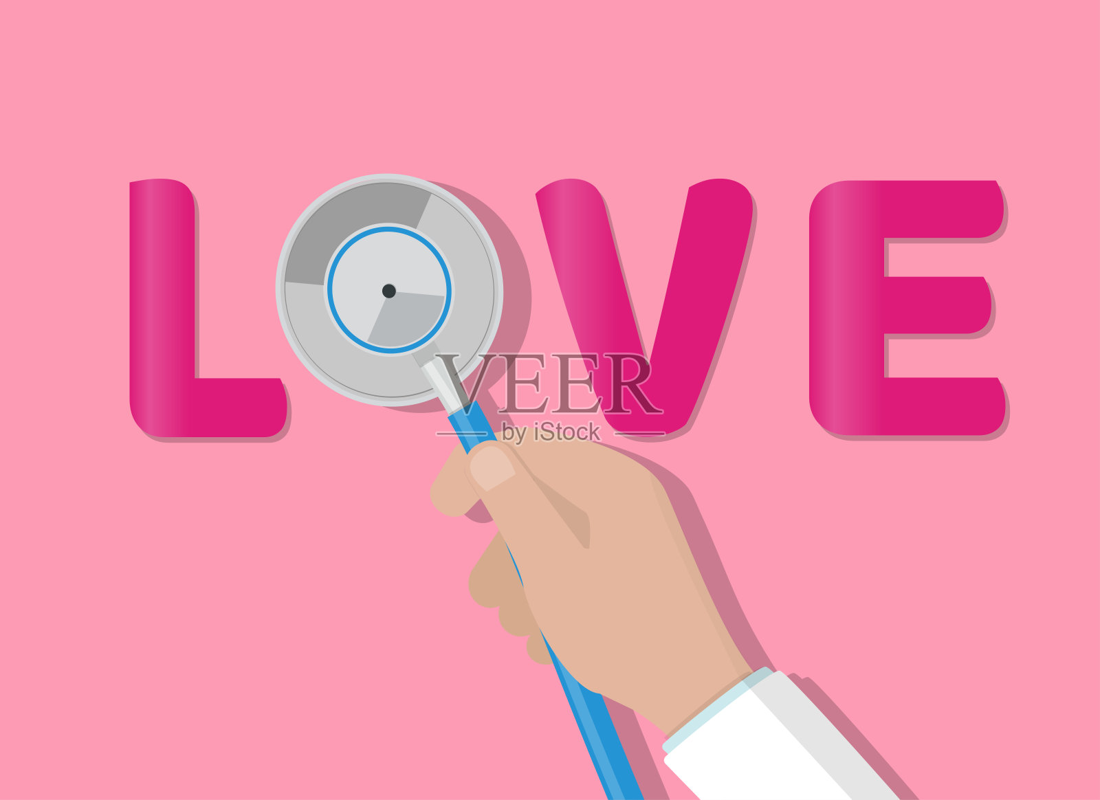 医生手持听诊器做了字母O的单词“爱”，平面风格的插图向量。插画图片素材
