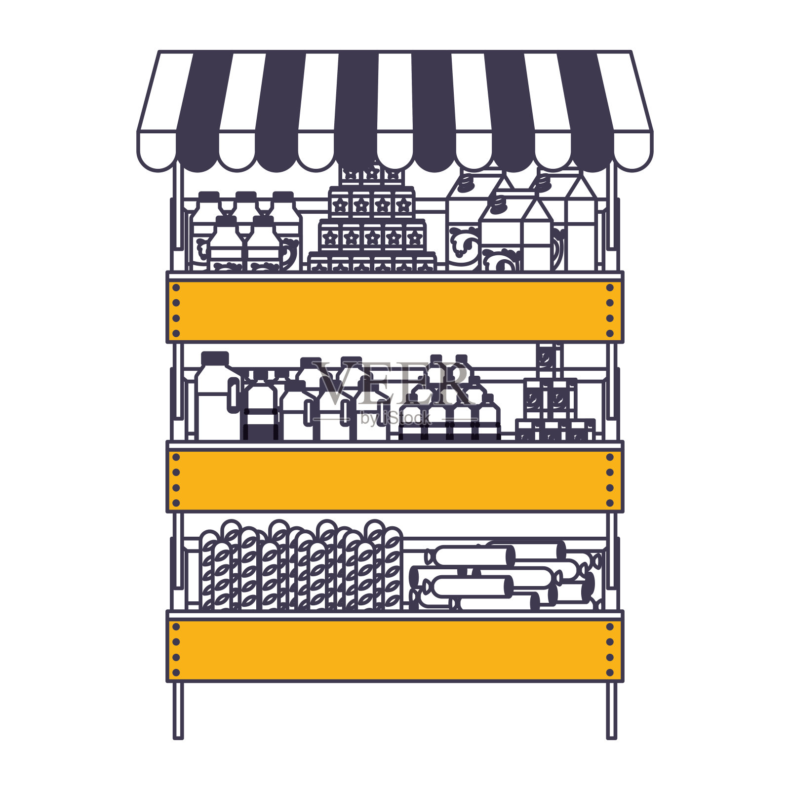 超市货架与食品和饮料的遮阳板在颜色区剪影插画图片素材