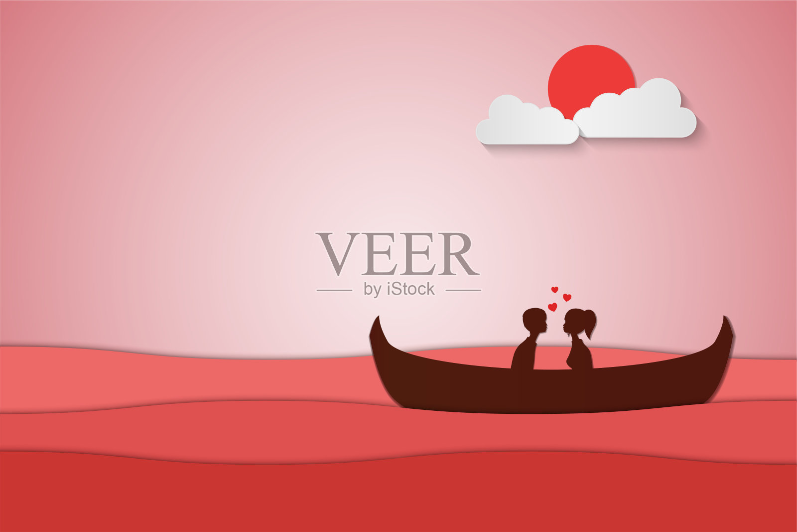 情人坐在一艘船在海上和有一个日落，纸艺术夫妇蜜月，情人节日期，矢量插图插画图片素材
