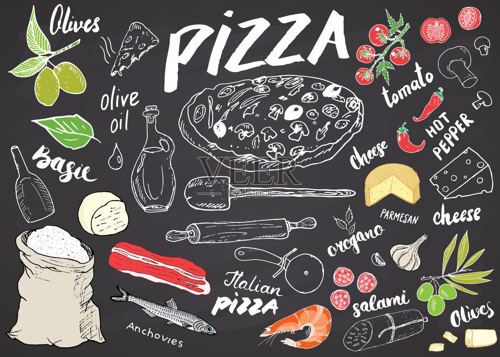 披萨菜单手绘素描集。披萨制作设计模板采用奶酪、橄榄、意大利腊肠、蘑菇、番茄、面粉等配料。矢量插图黑板背景设计元素图片