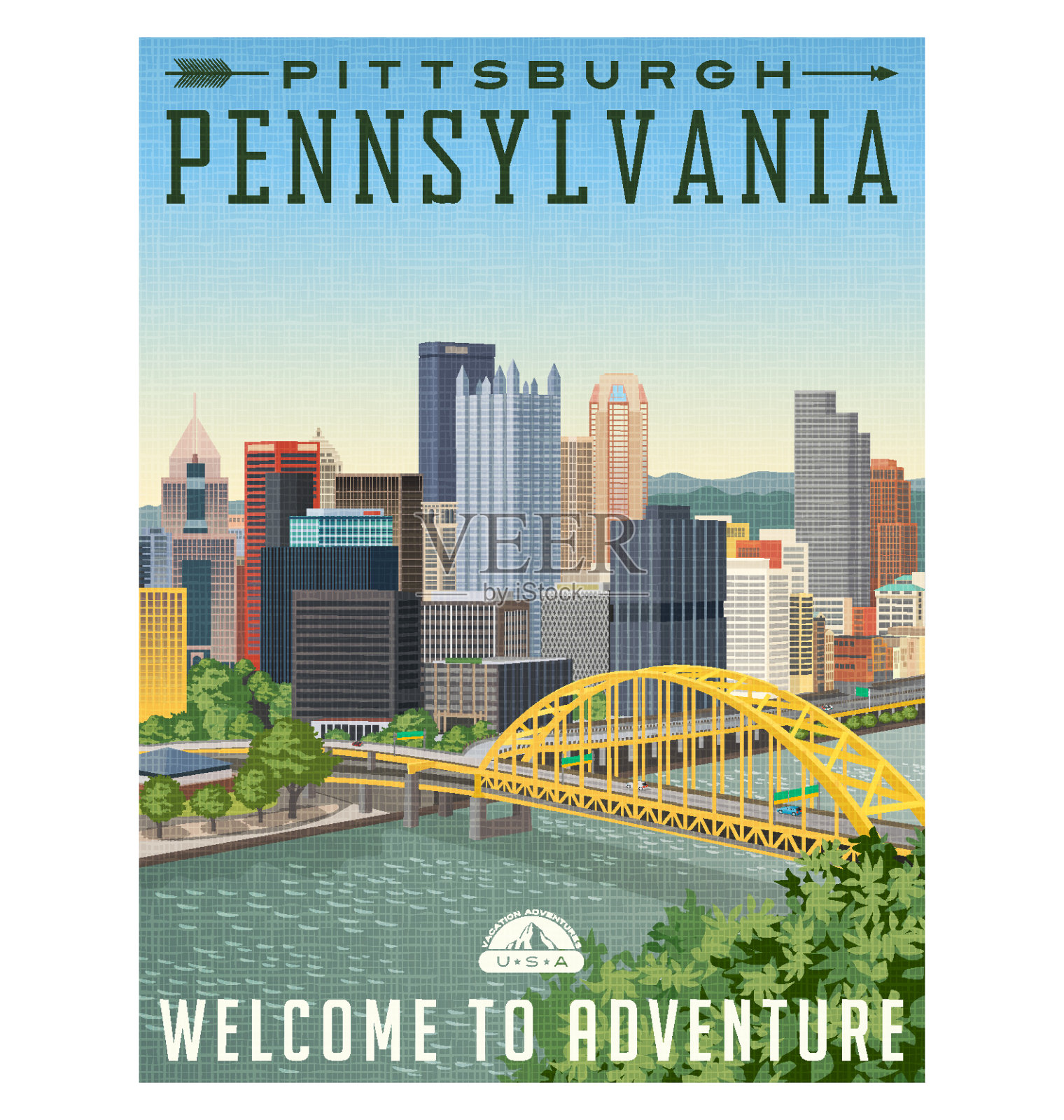 宾夕法尼亚州匹兹堡的旅游海报，有河，桥和天际线。插画图片素材