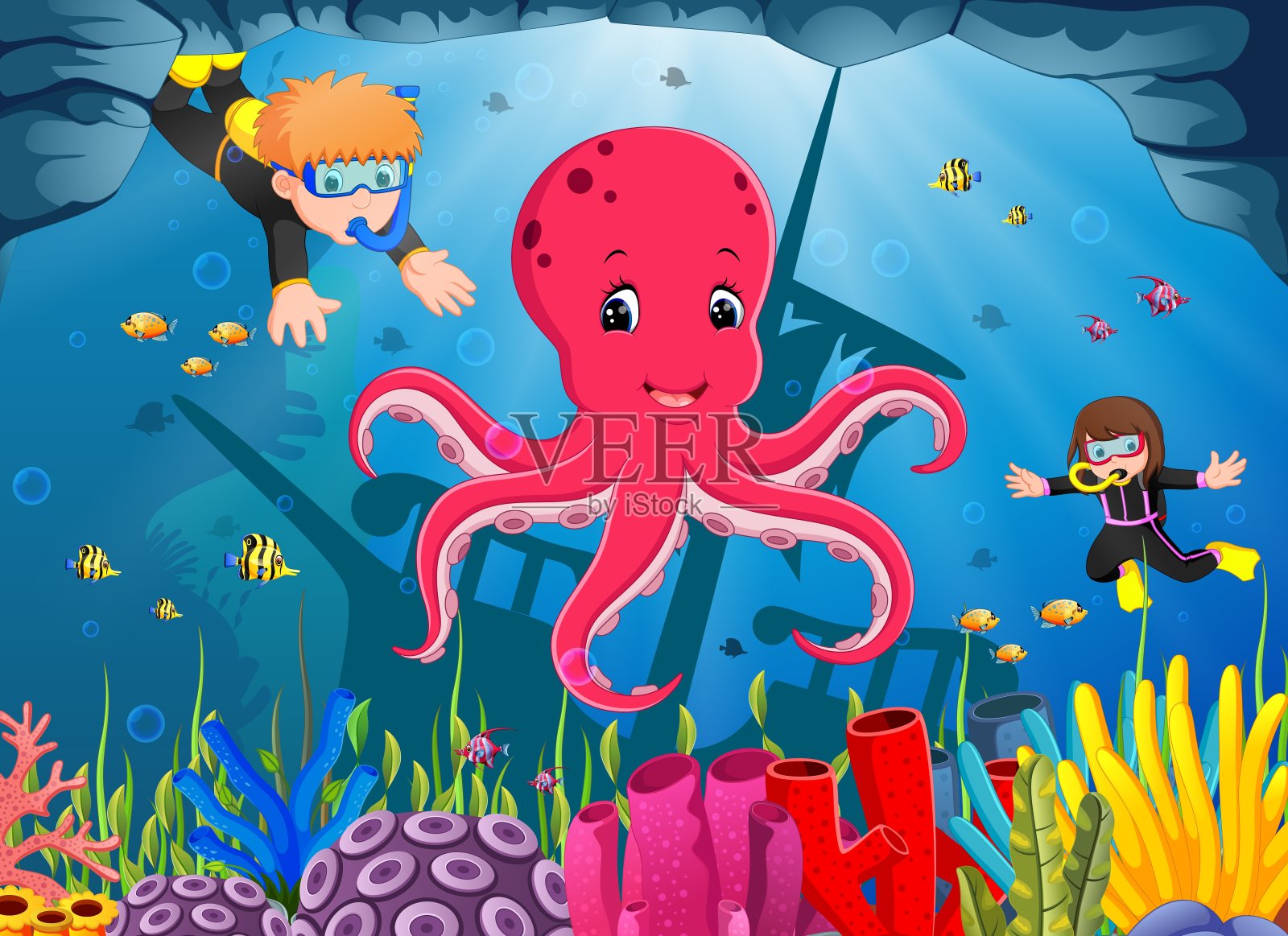 可爱的章鱼在海底与男孩和女孩潜水插画图片素材