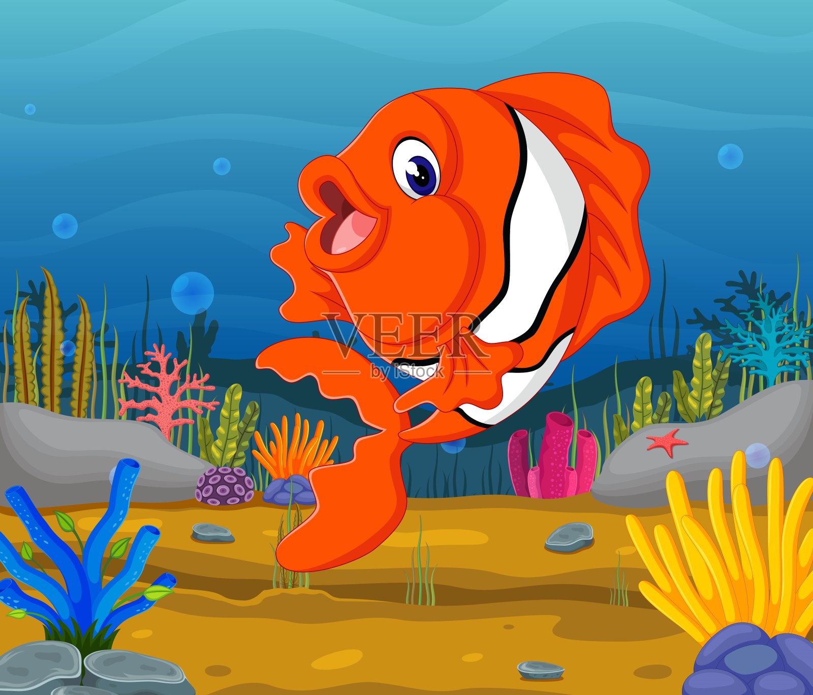 可爱的鱼在海里的卡通插画图片素材