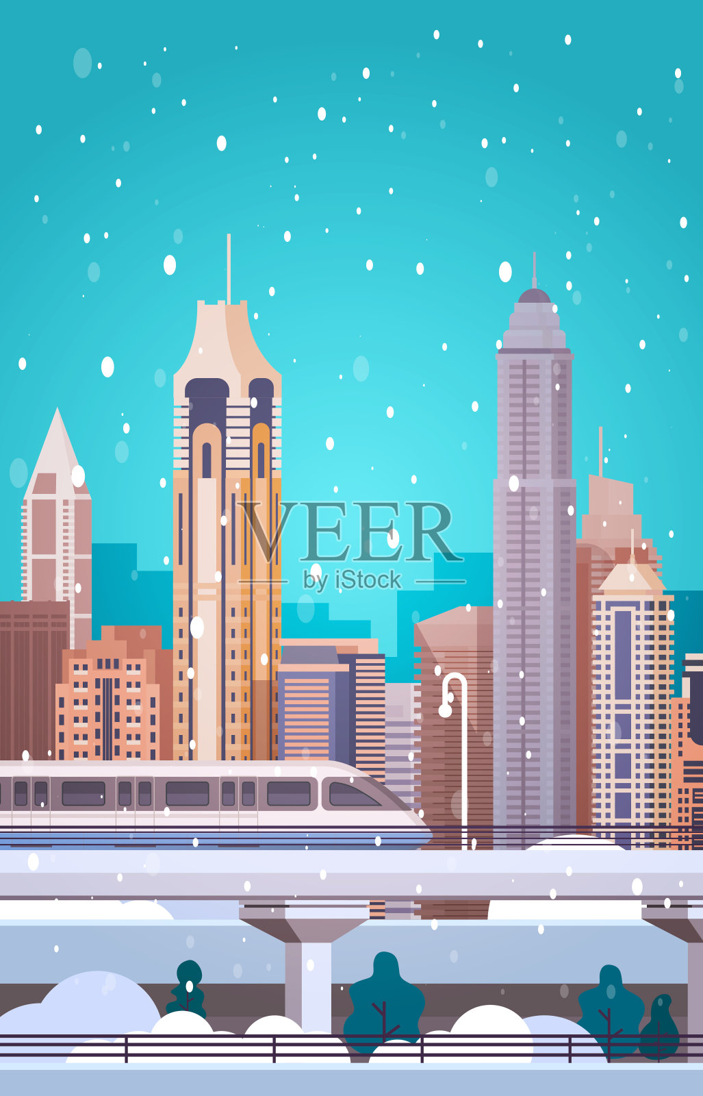 冬季城市景观建筑在雪中圣诞快乐，新年快乐背景竖横幅插画图片素材