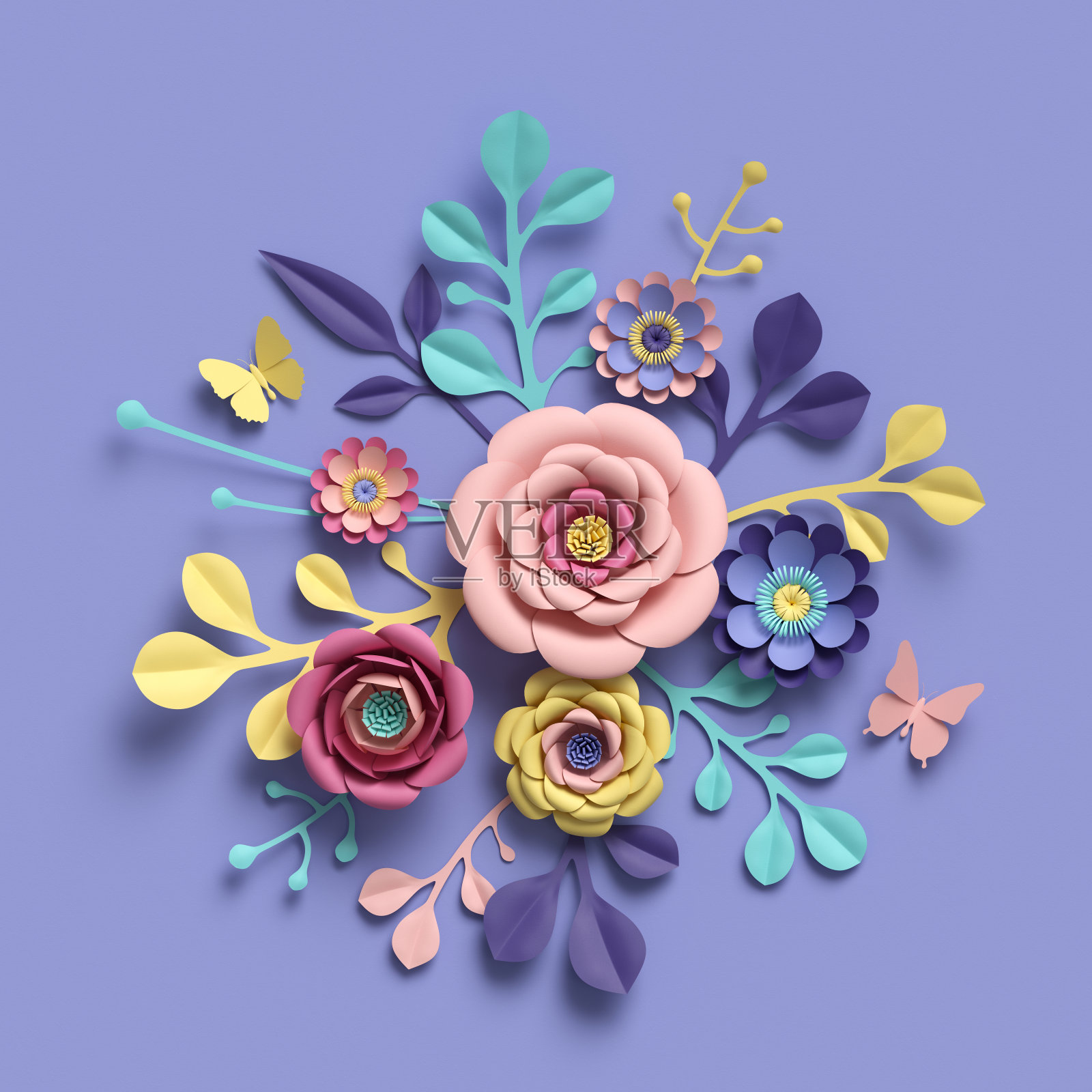 3d渲染，抽象的花卉背景，纸花，植物图案，新娘圆花束，纸工艺，糖果粉彩，明亮的色调调色板插画图片素材
