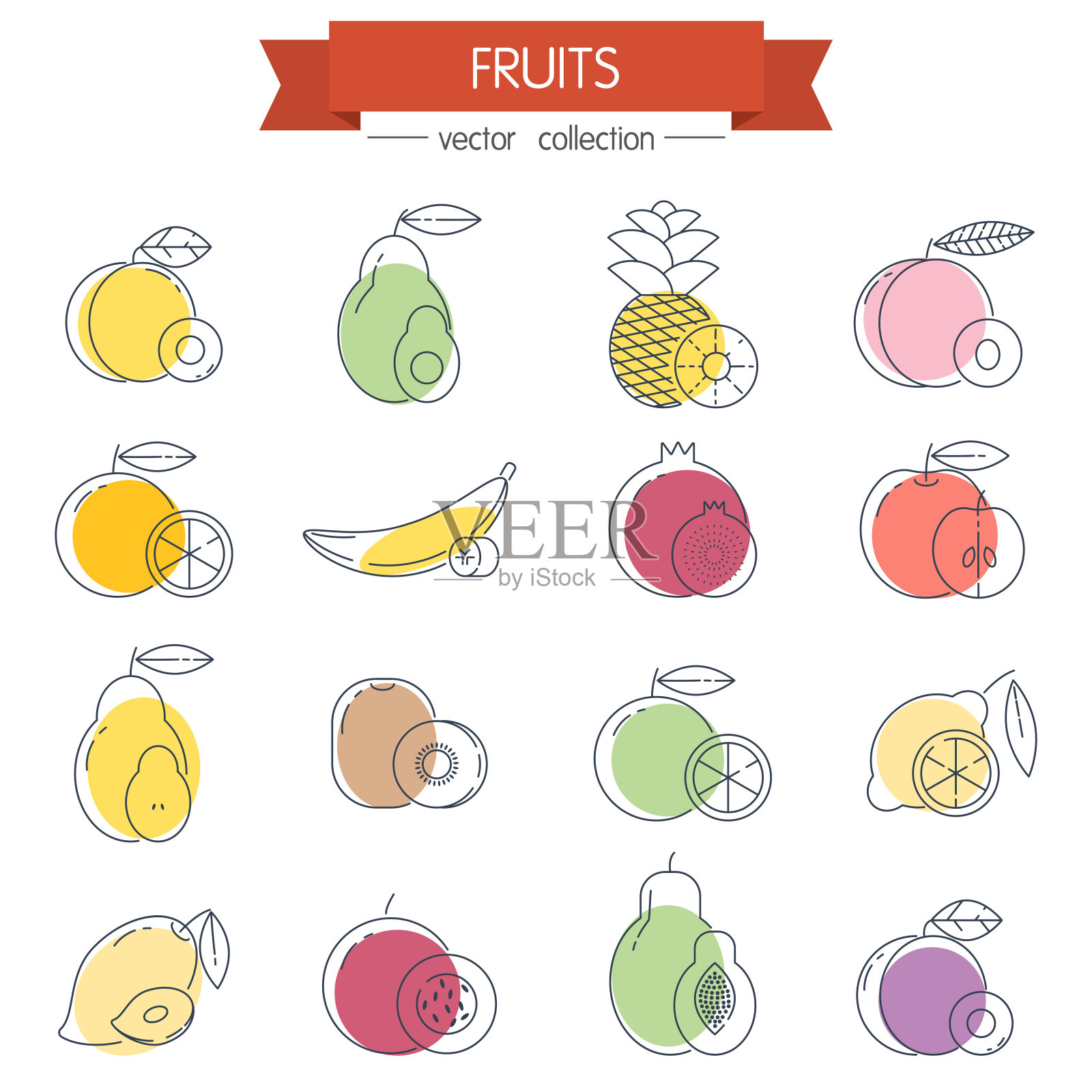水果最小细线图标设置彩色形状图标素材