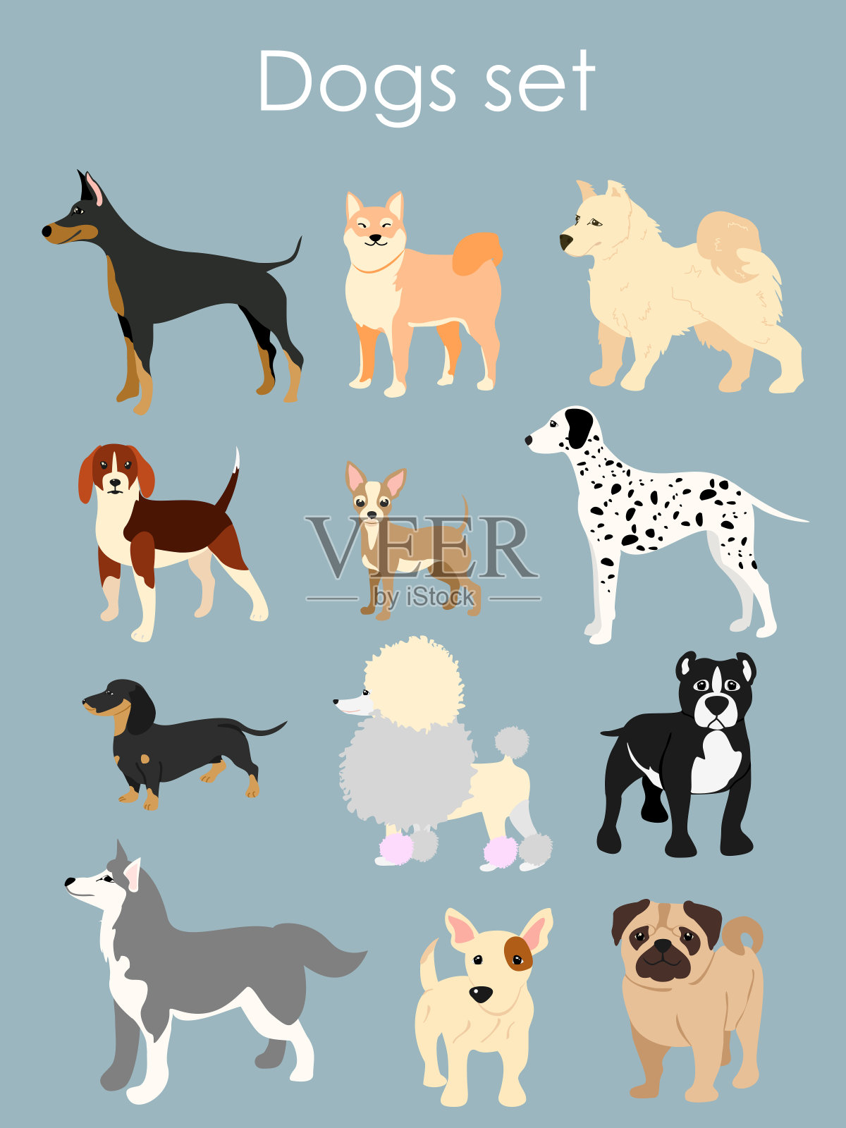 矢量插图不同类型的卡通狗。狗设置在卡通平面风格浅蓝色背景。设计元素图片