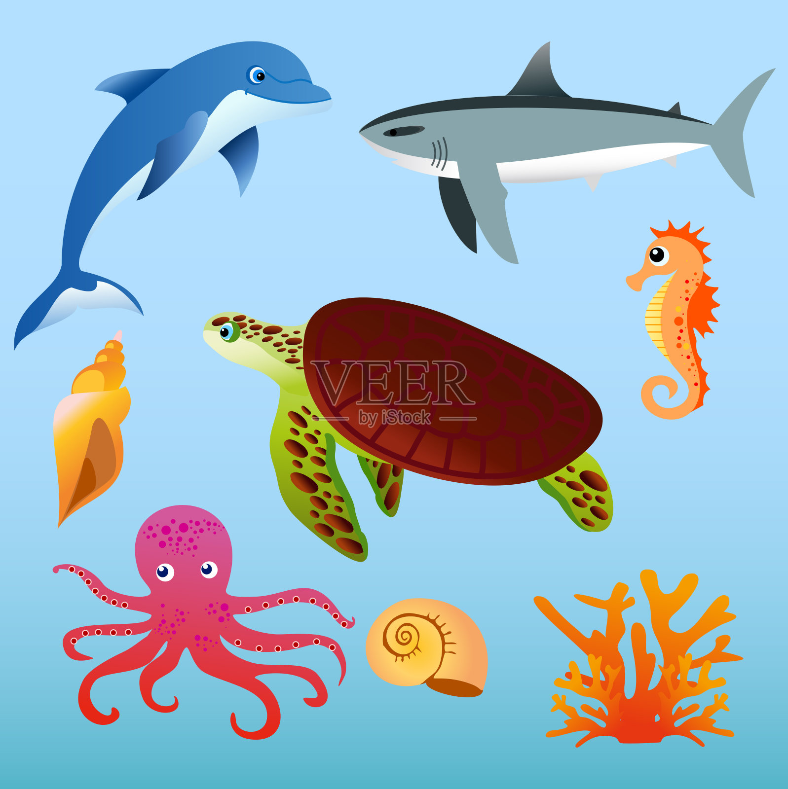 矢量插图海洋动物在浅蓝色背景在平面卡通风格。插画图片素材