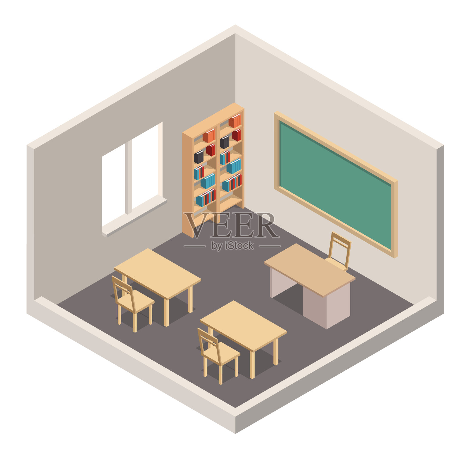 等距教室室内逼真的3d图标。插画图片素材