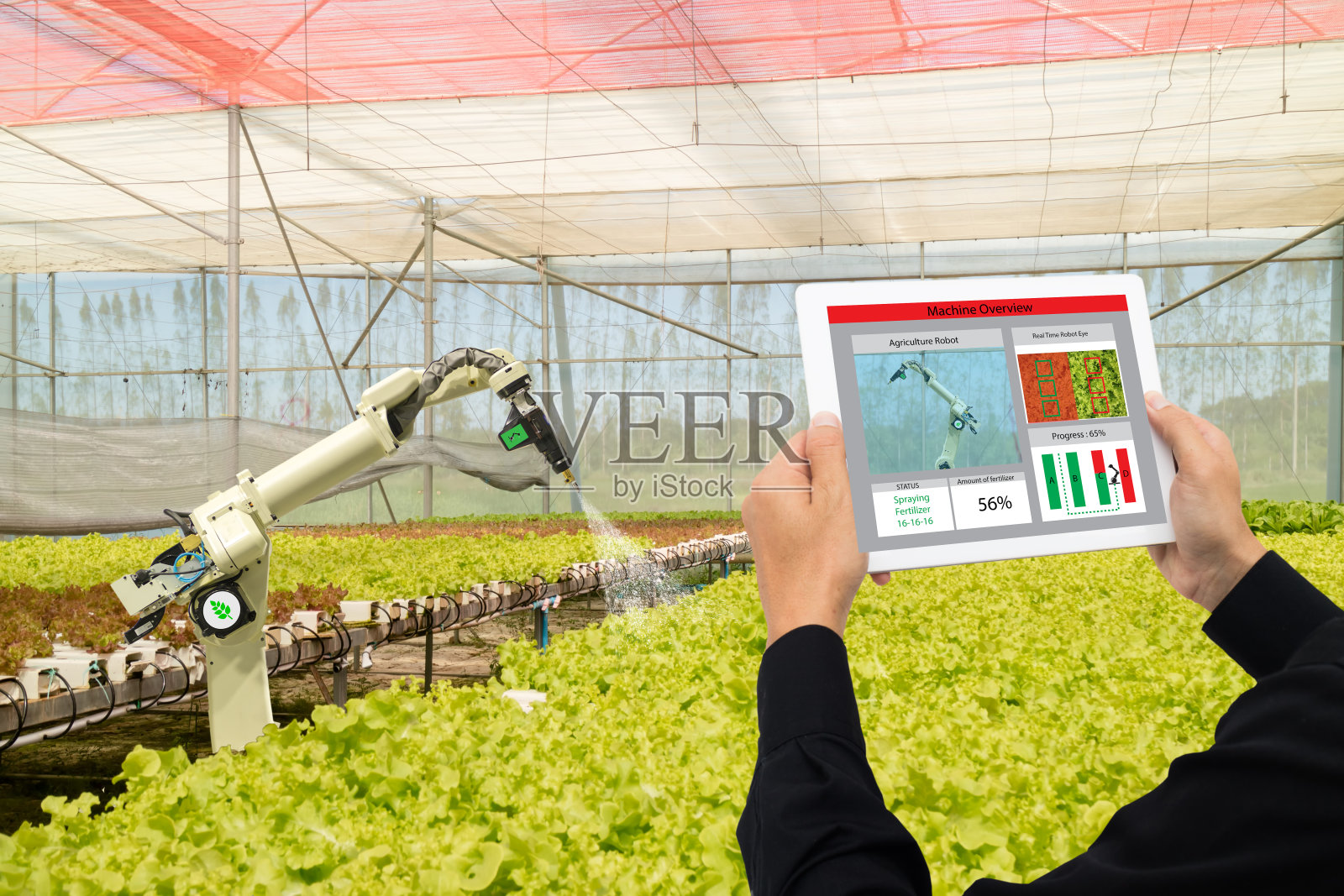 物联网智能工业机器人4.0农业概念，工业农学家，农民在平板电脑上使用软件人工智能技术来监测和控制农场中的自动机器人照片摄影图片