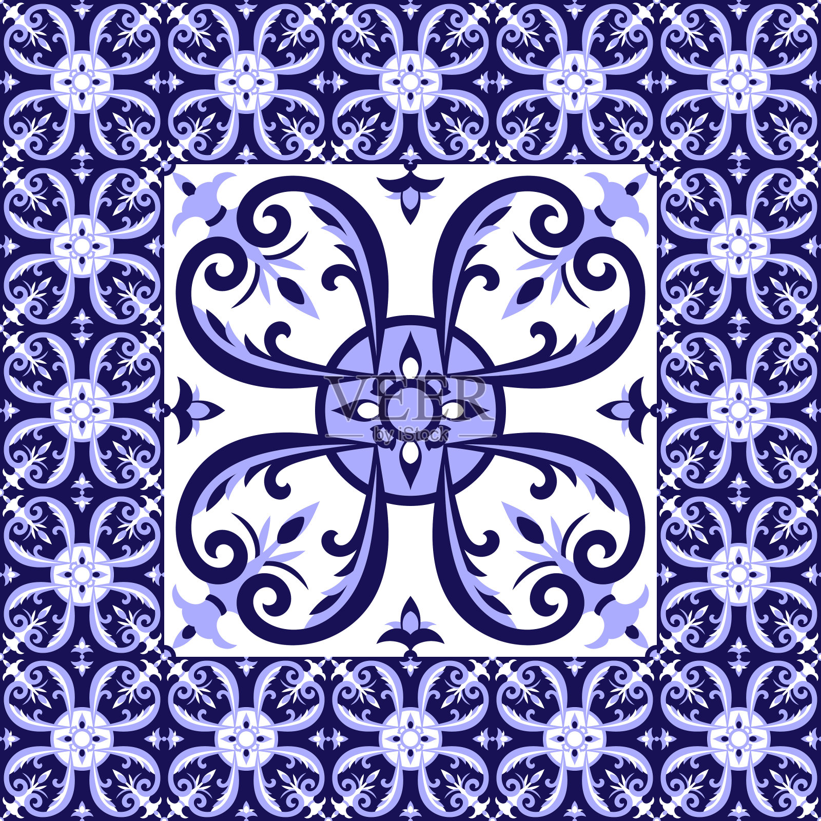 花、白、蓝瓷砖地板图案矢量与瓷砖。中间的大瓷砖被小瓷砖框起来。背景葡萄牙阿祖列霍，墨西哥塔拉维拉，西班牙或意大利的majolica图案。插画图片素材