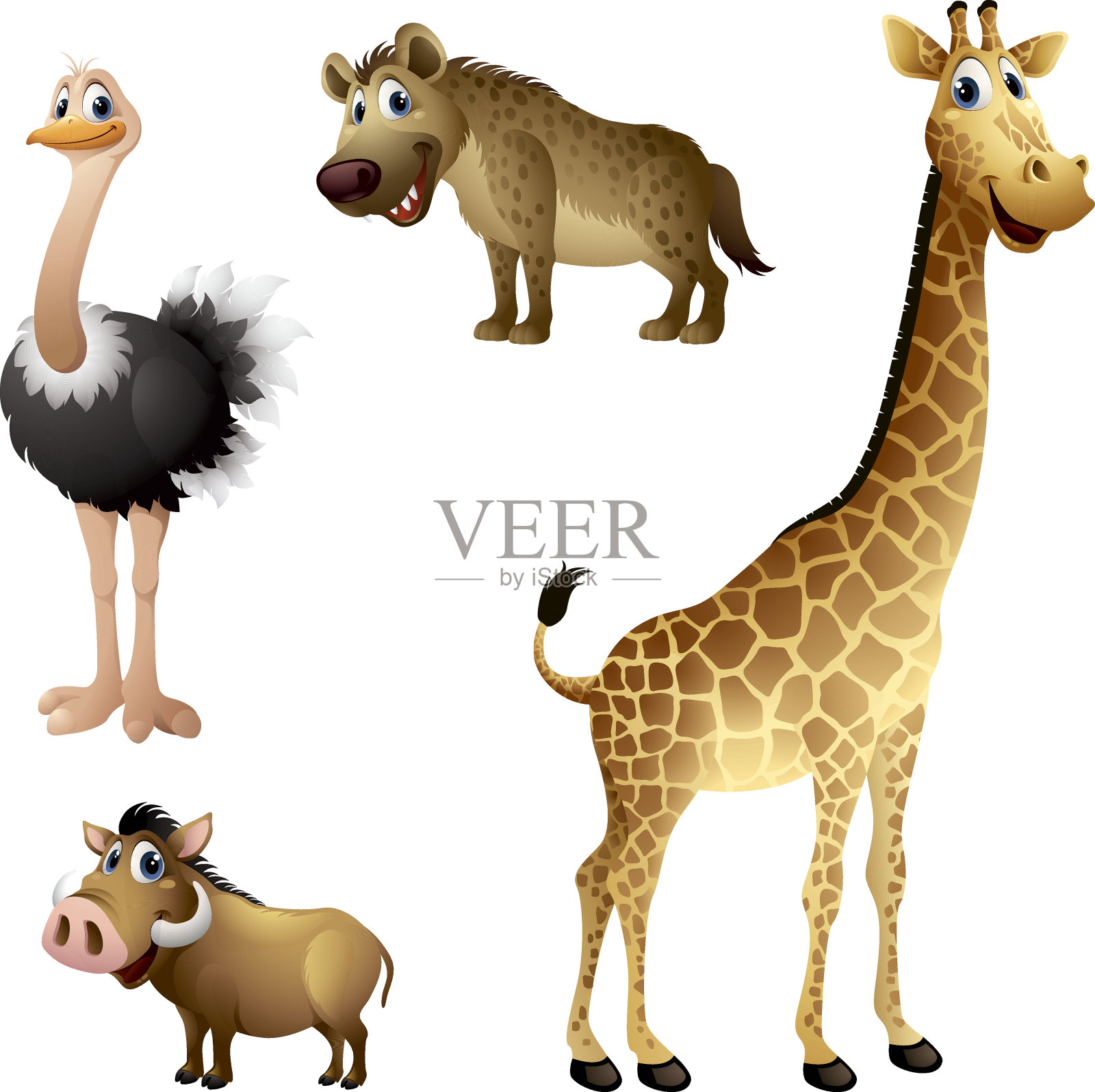 卡通非洲动物集-鸵鸟，鬣狗，疣猪，长颈鹿插画图片素材
