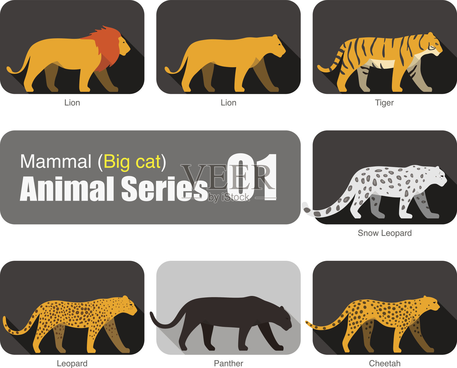 狮子和大猫动物卡通剪影系列插画图片素材