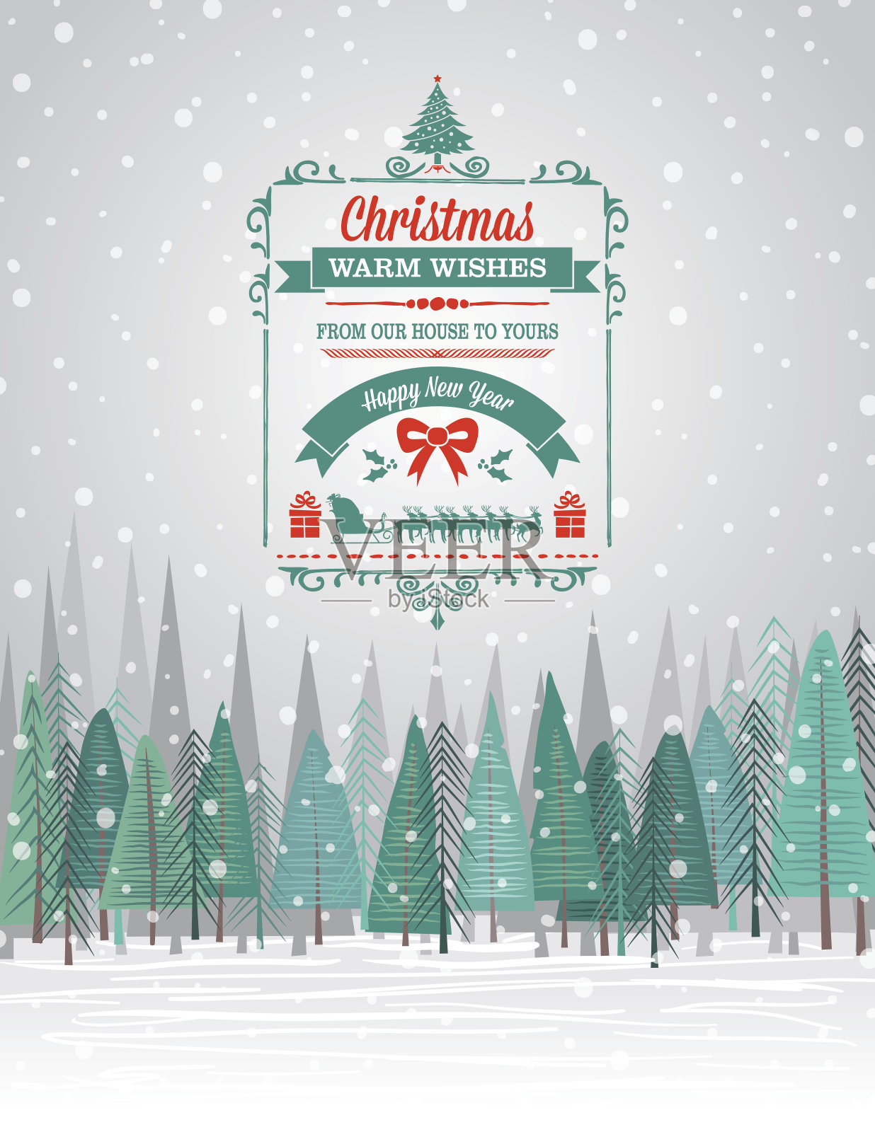 雪花圣诞贺卡与森林和节日的季节性装饰设计模板素材
