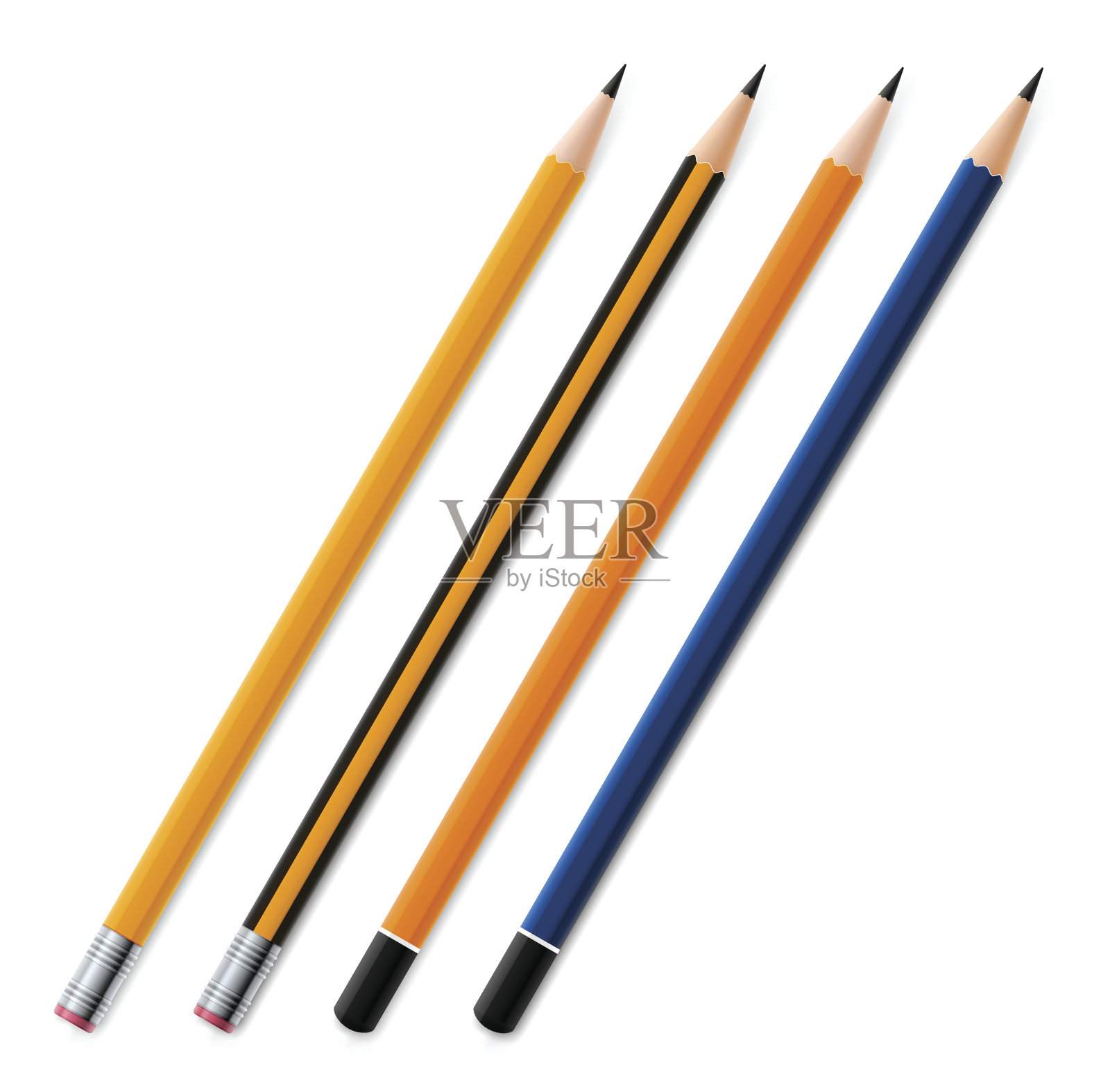 四支不同的铅笔放在白色的表面上插画图片素材