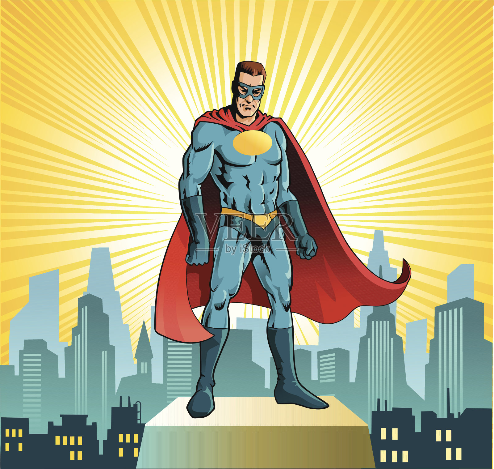 超级英雄站在城市天际线前插画图片素材