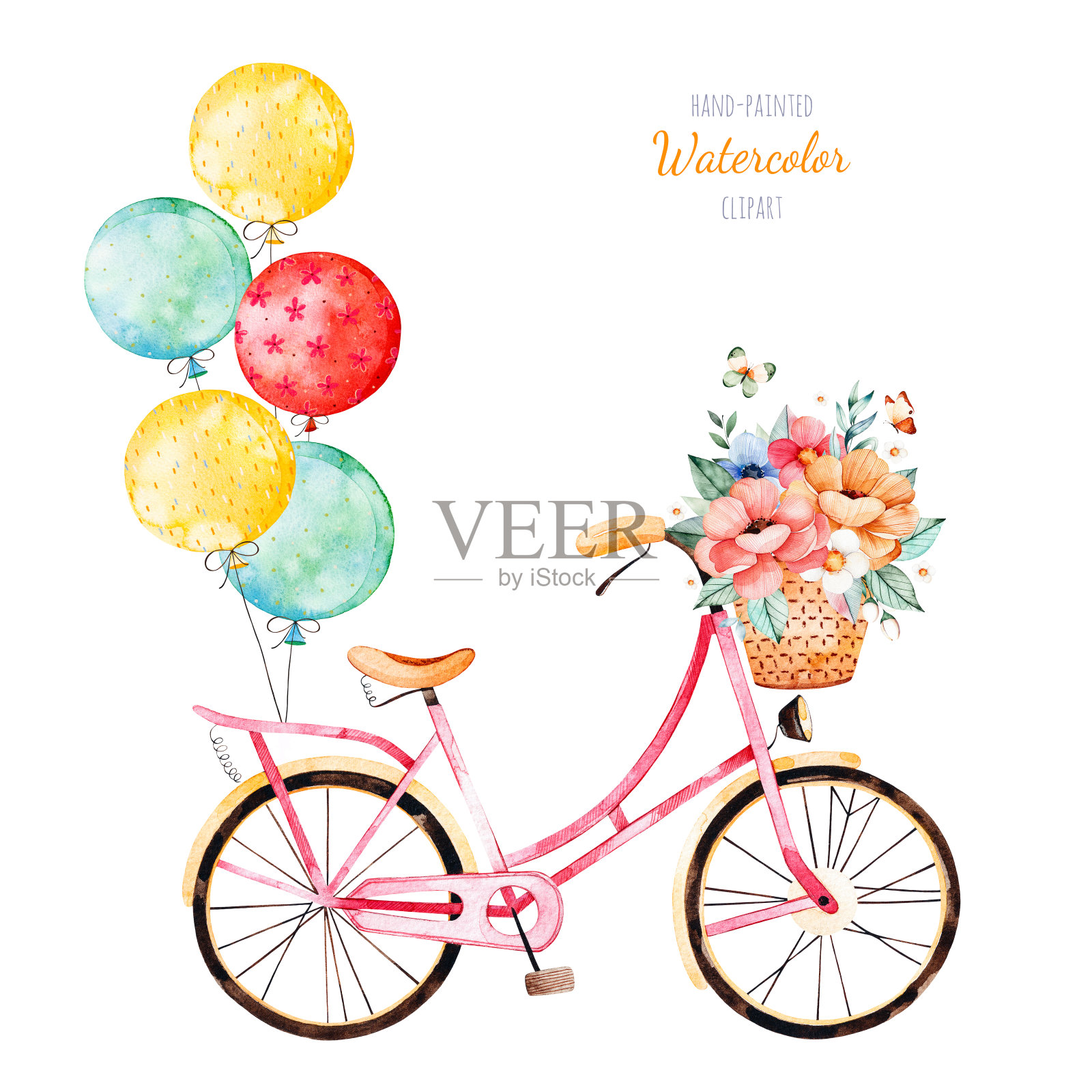 自行车花篮和彩色气球设计元素图片