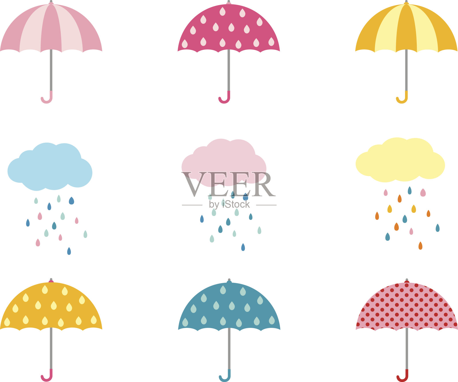 可爱的雨伞收藏和云与雨滴插画图片素材