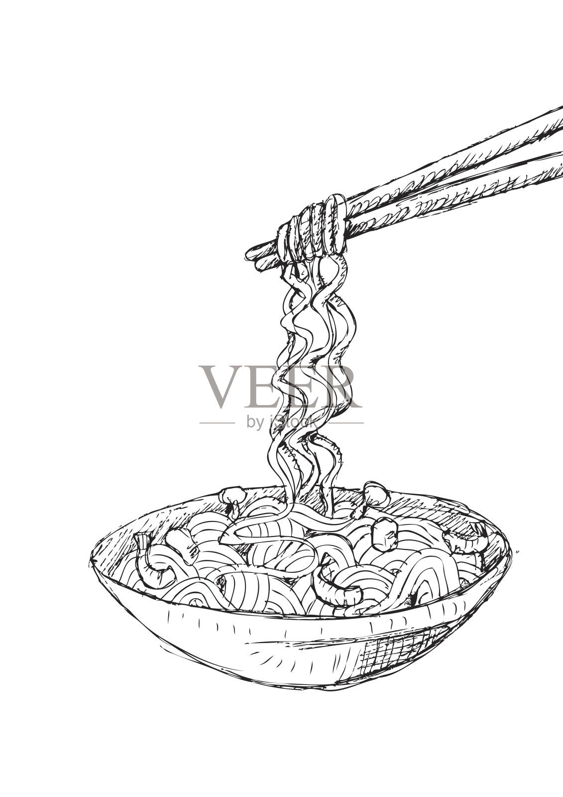 手画的面条在碗和筷子插画图片素材