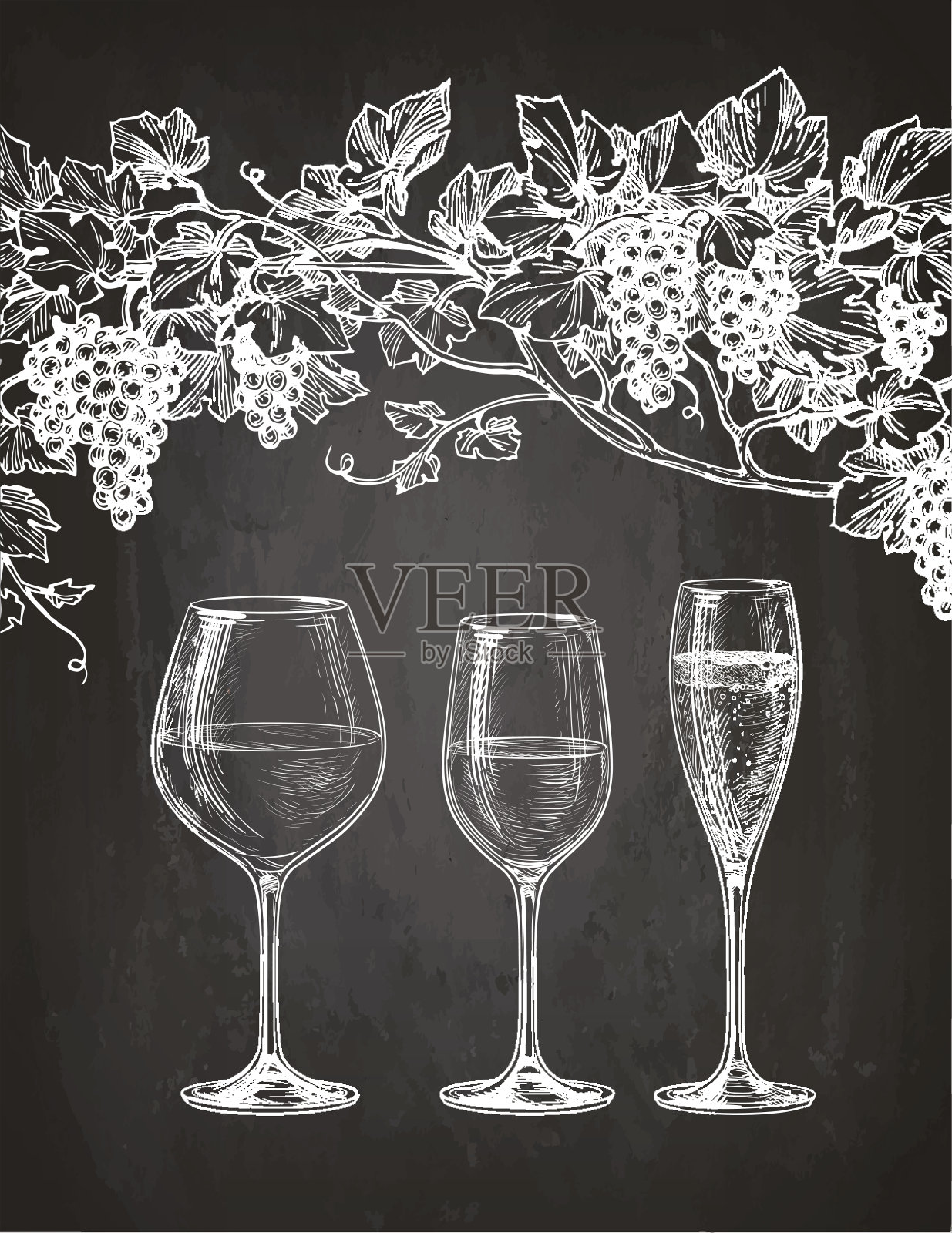 黑板上有酒杯和葡萄藤插画图片素材