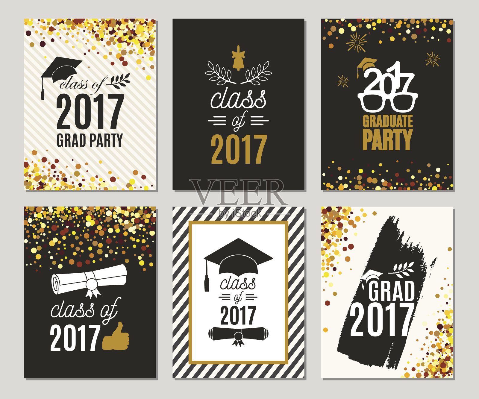 2017届毕业班贺卡套装。向量聚会邀请。毕业生海报。孤立的插画图片素材