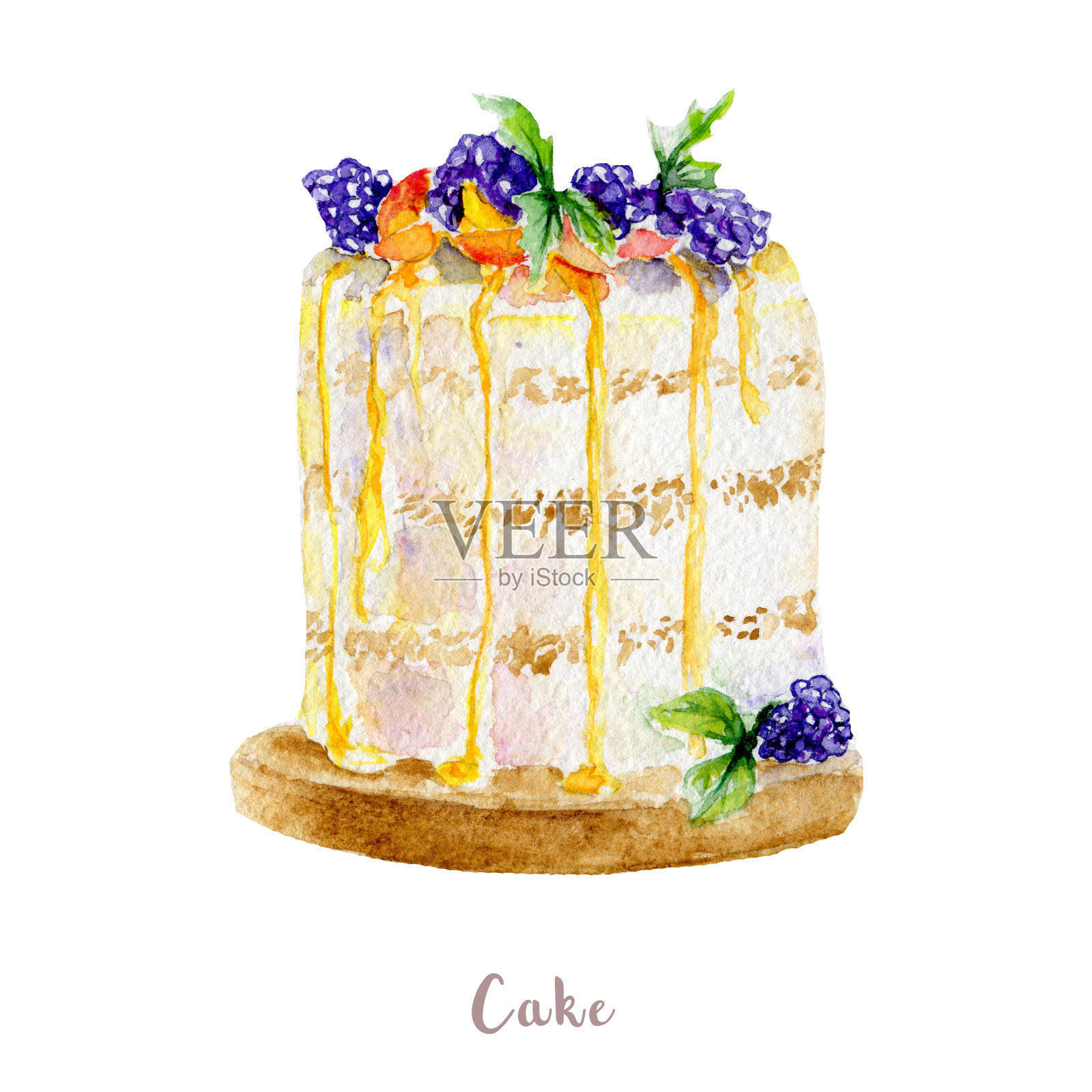 水彩手绘蛋糕。孤立的甜点插图在白色的背景设计元素图片