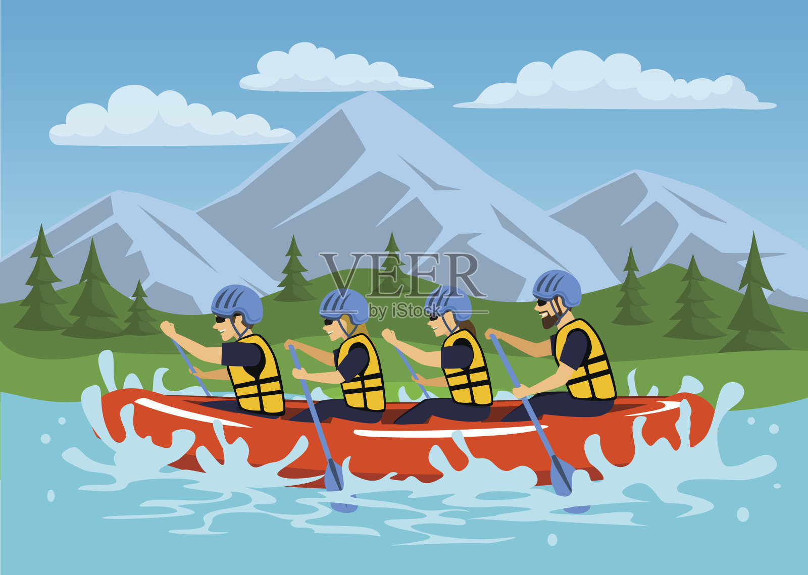团队，一群人，男人和女人在河上漂流。卡通山地森林景观的背景插画图片素材