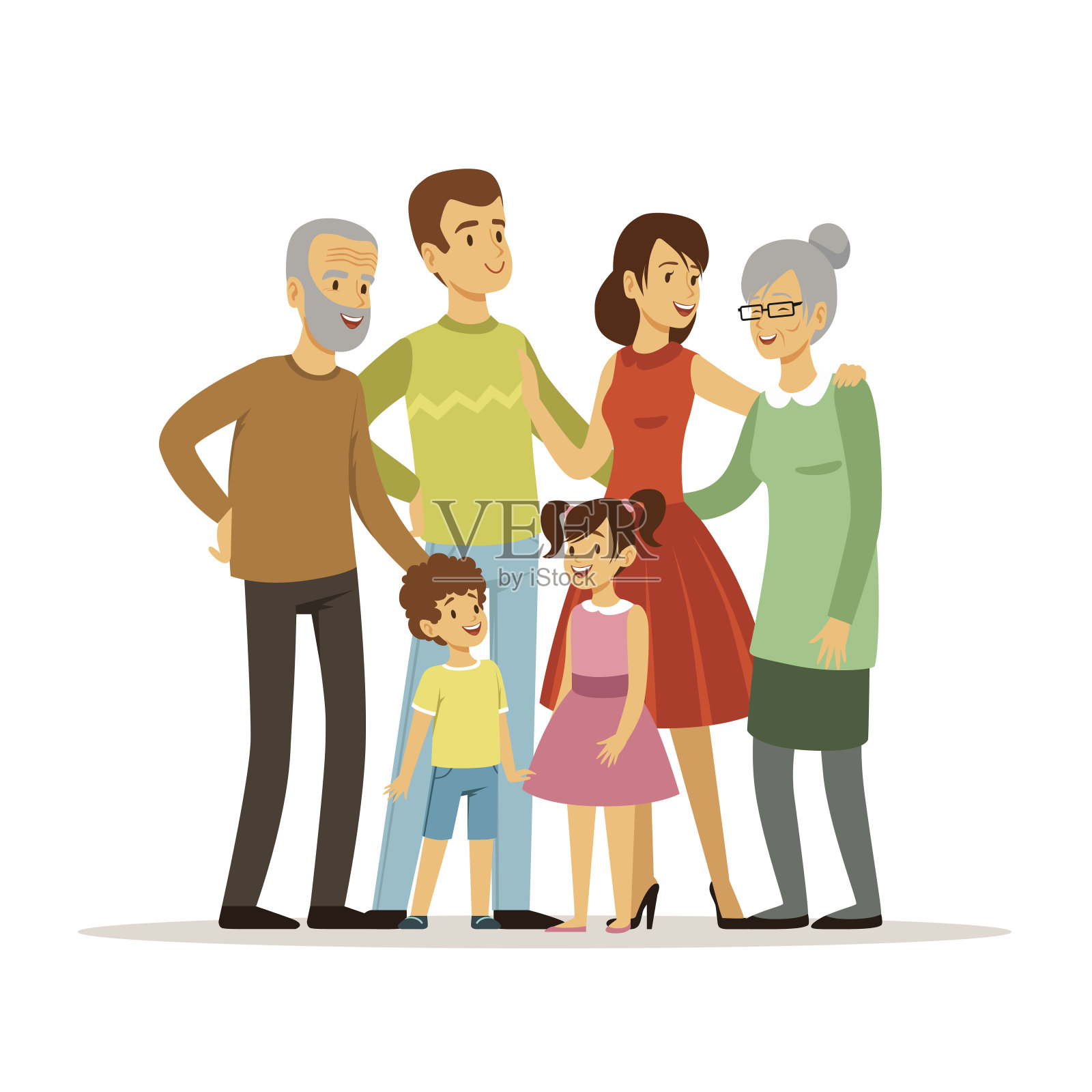 矢量插图大家庭与母亲，父亲，祖母和祖父。微笑的人站在动作姿势插画图片素材