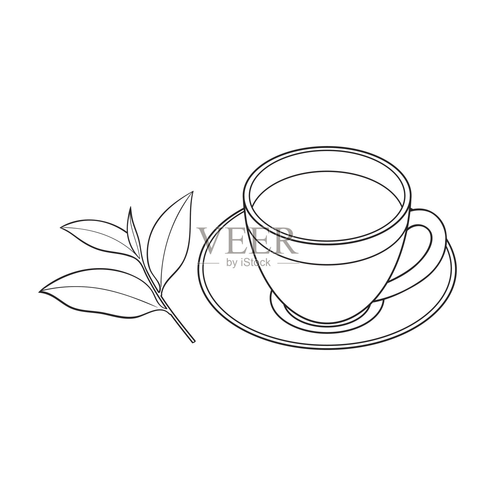 玻璃杯，茶碟和新鲜茶叶插画图片素材