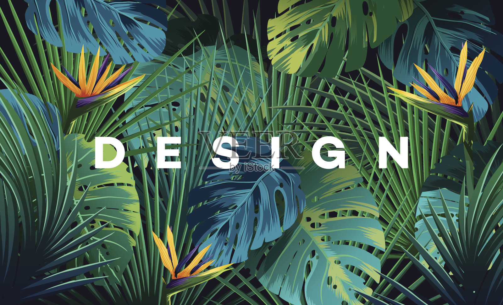 明亮的热带背景与丛林植物。带有棕榈叶的异国图案。插画图片素材