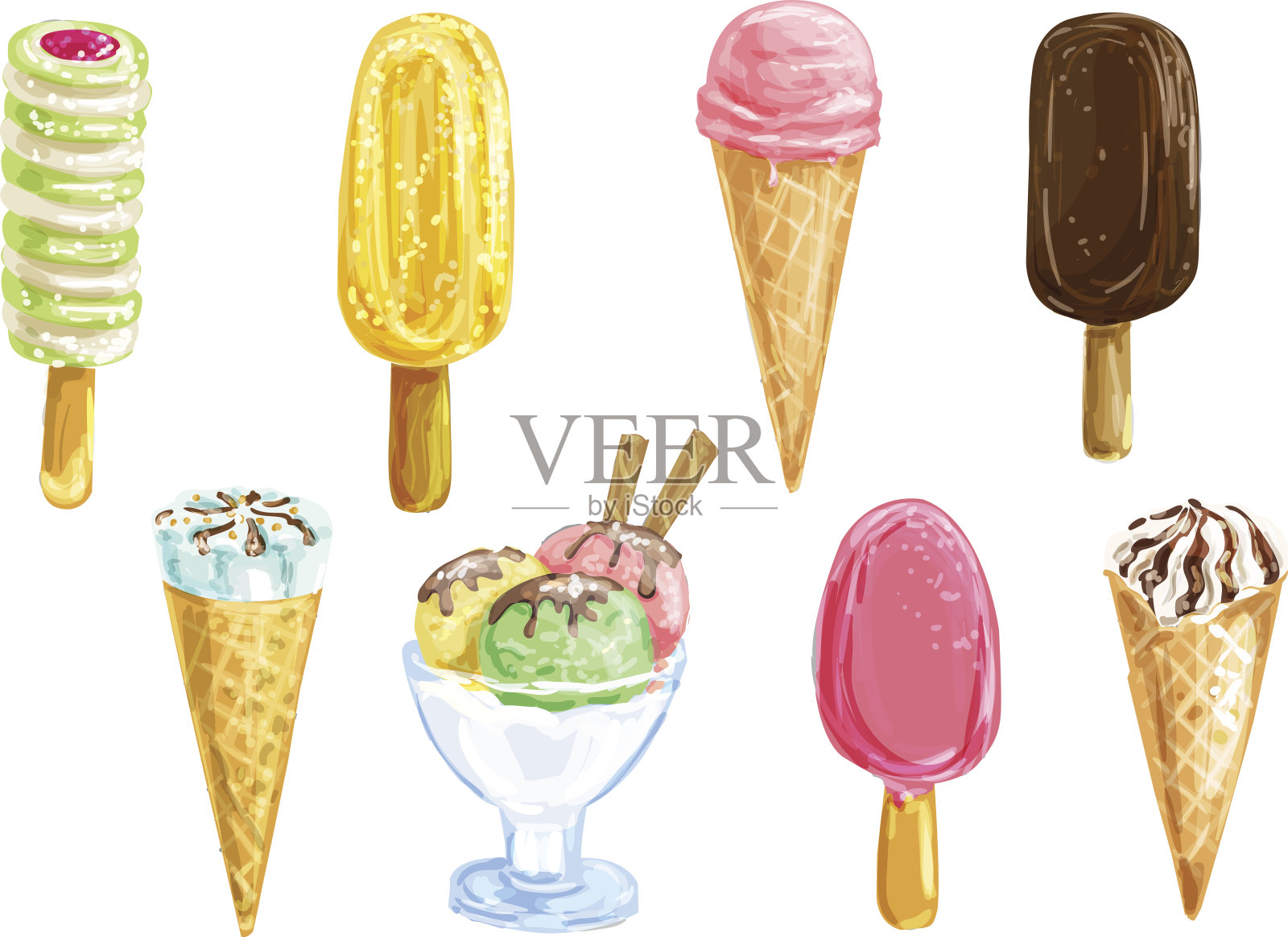 冰淇淋搭配水彩画夏日甜点设计元素图片