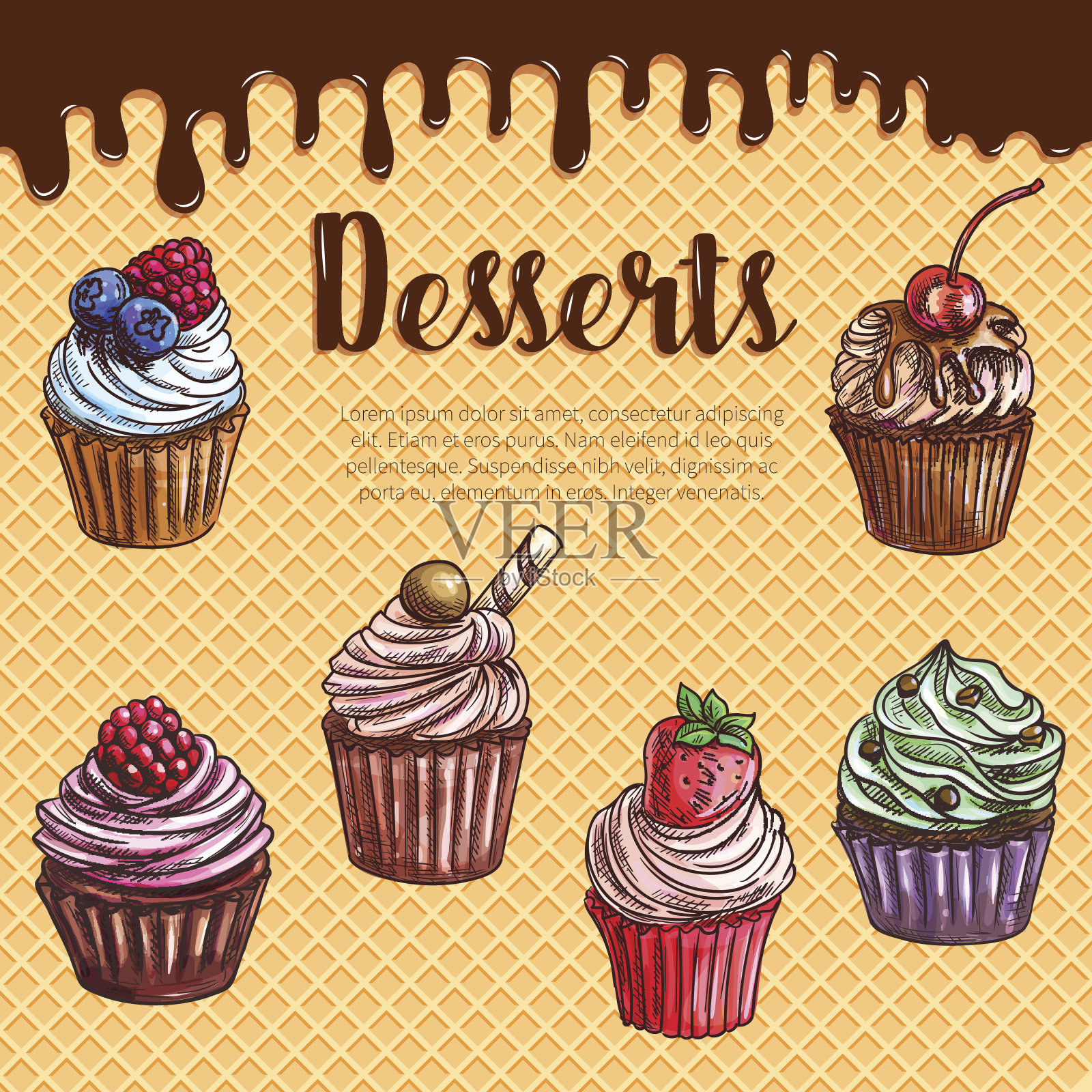 矢量华夫饼海报和甜点纸杯蛋糕插画图片素材