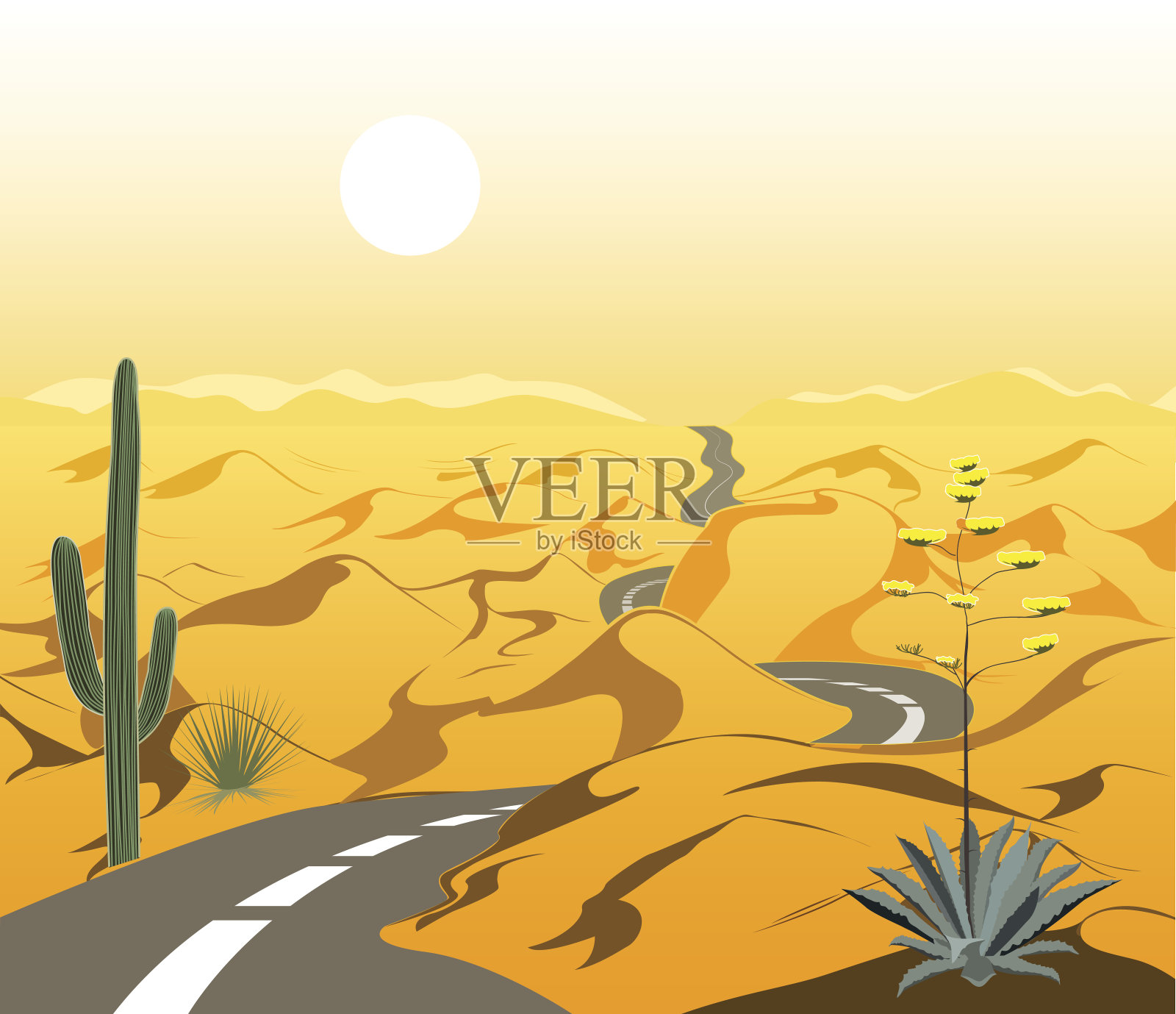 美丽的沙漠景观与柏油路和仙人掌。卡通矢量插图。插画图片素材