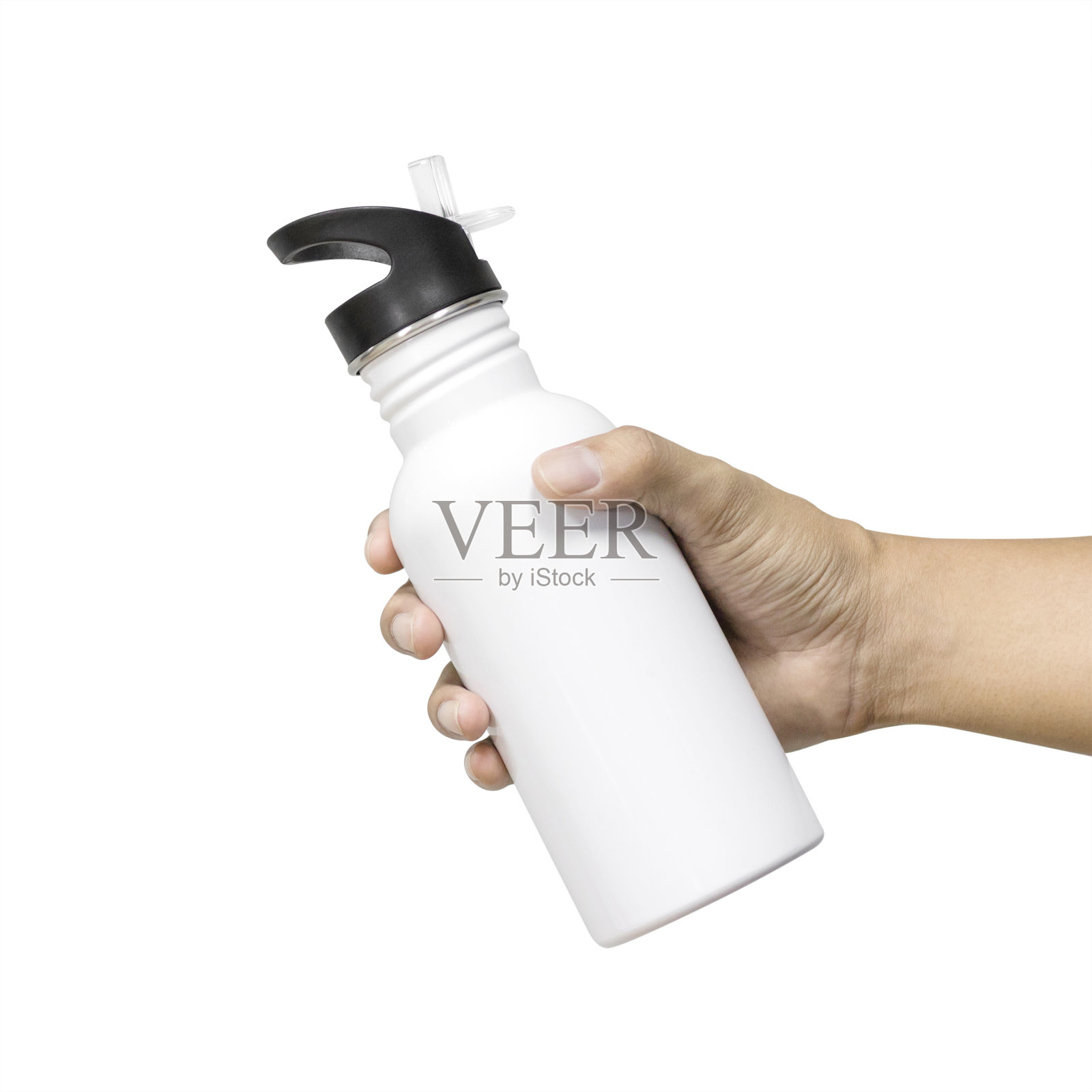 金属瓶和塑料管隔离在白色背景。保温用空水瓶模板。手握产品或展示产品。剪辑路径对象。照片摄影图片