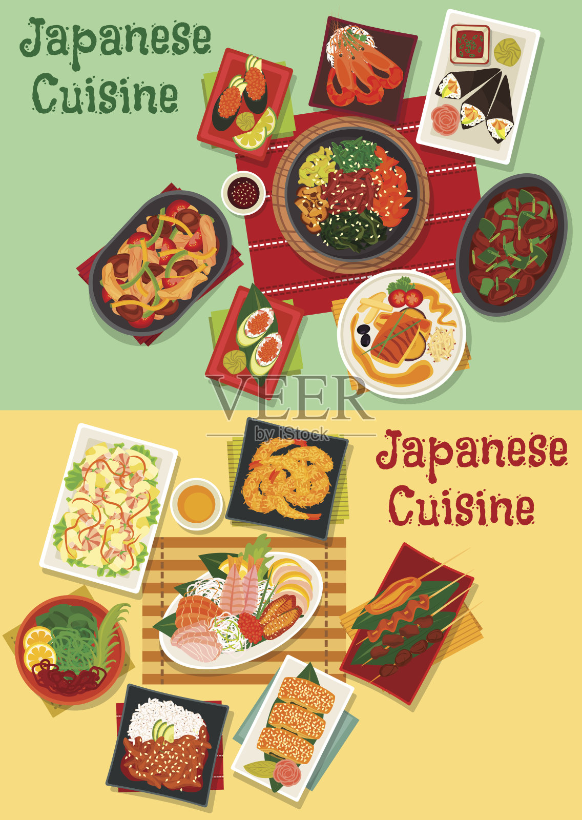 日本料理海鲜和肉类菜肴的图标插画图片素材