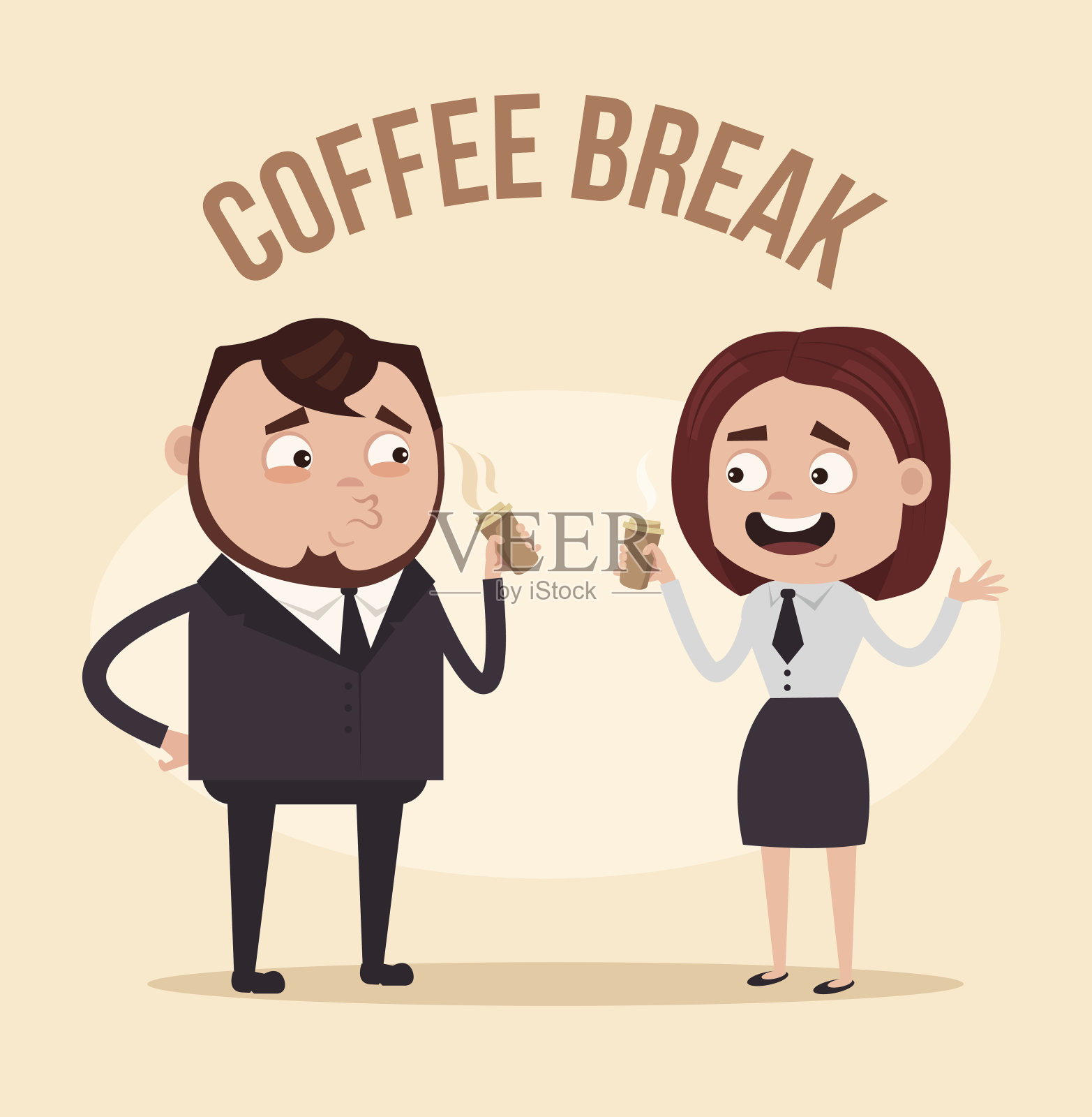 两个快乐微笑的办公室工作人员角色讨论和喝咖啡插画图片素材