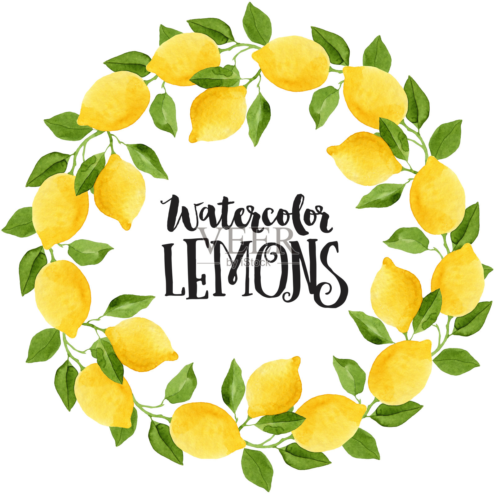 柠檬和绿叶花环水彩插画图片素材