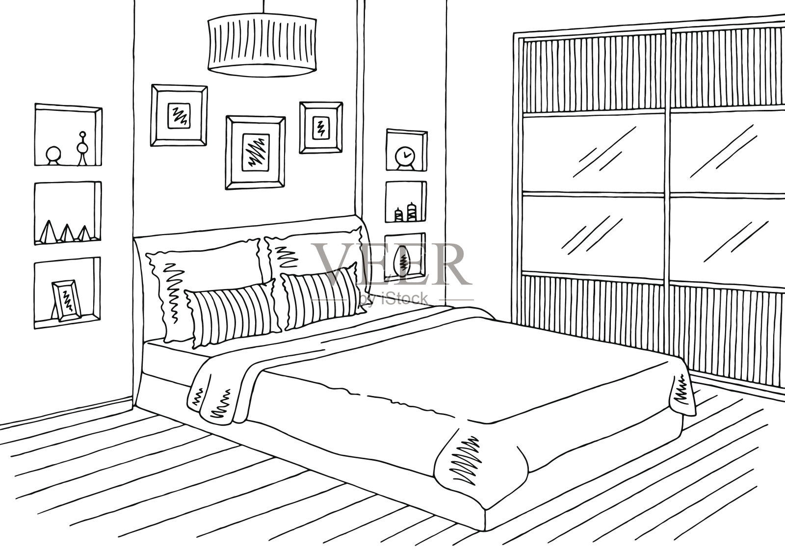 卧室图形黑白室内素描插图矢量插画图片素材
