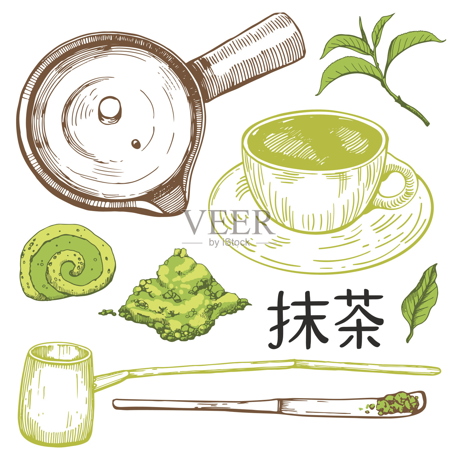 日本民族和民族茶道。抹茶。传统的喝茶时间。设计中的装饰元素。矢量插图与政派对符号在白色的背景插画图片素材