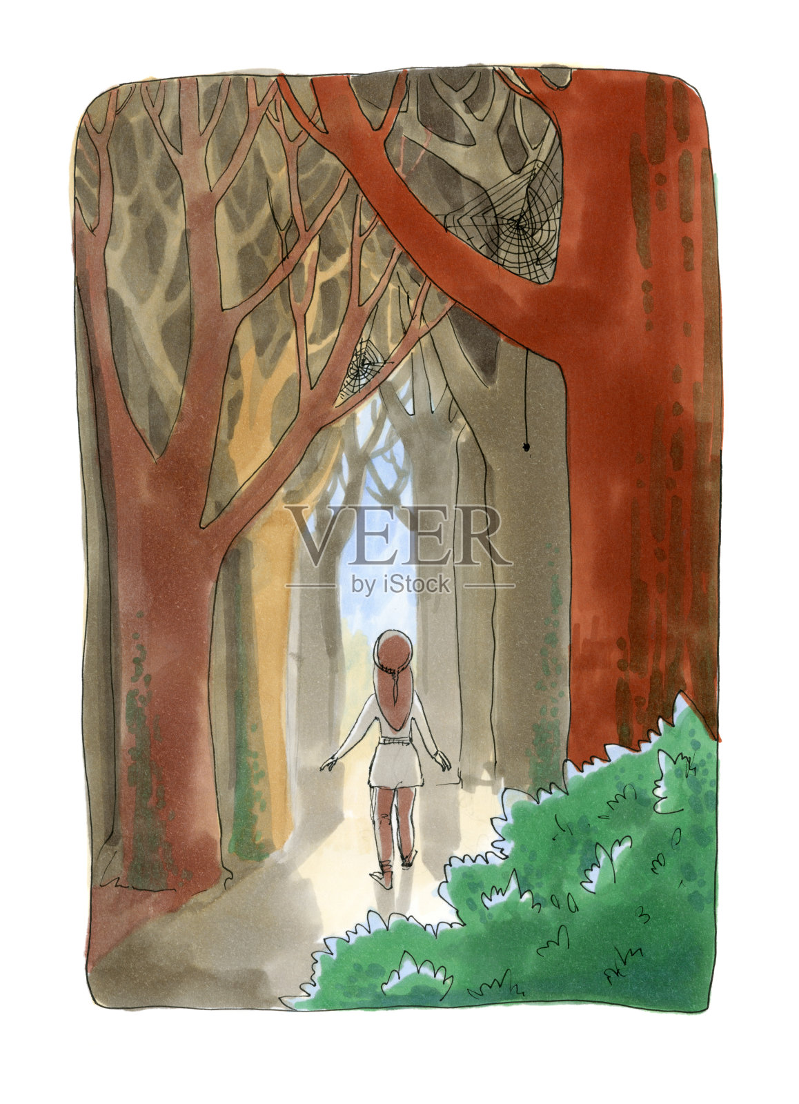水彩插图孤立的白色背景。女孩从森林深处走了出来插画图片素材