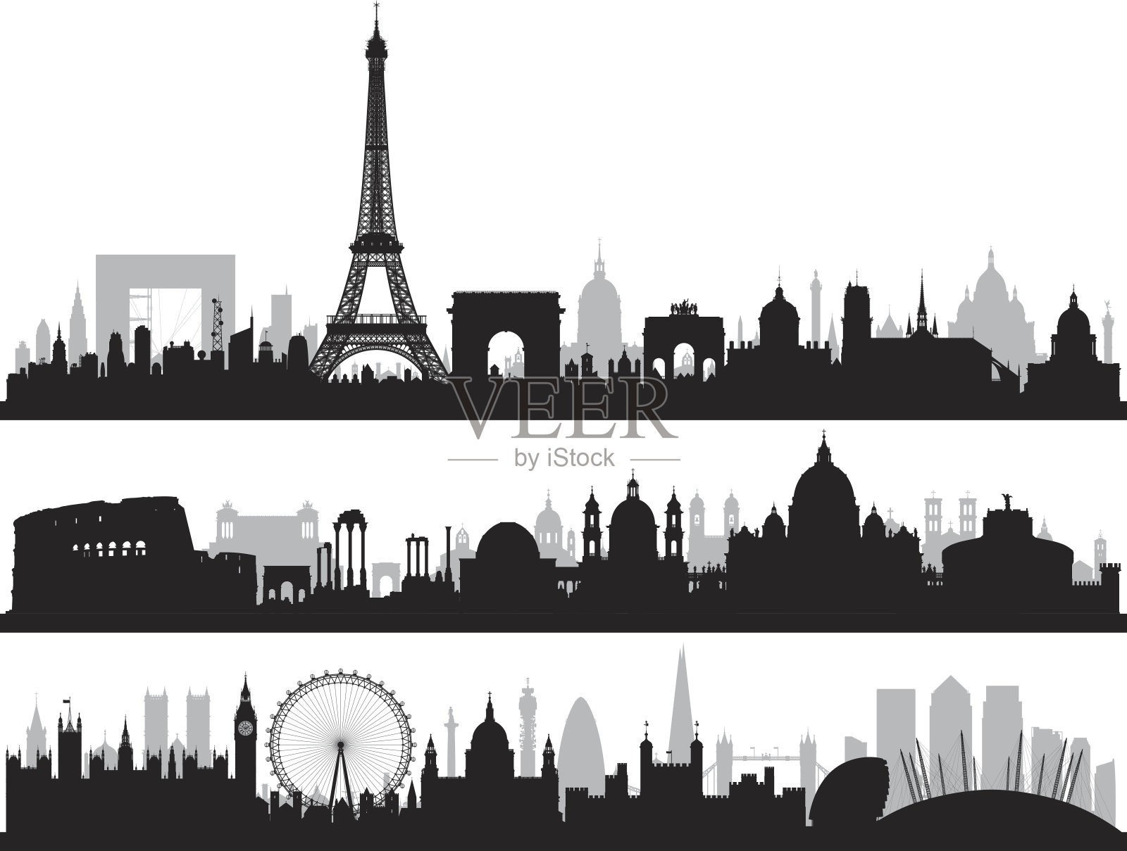 巴黎，罗马和伦敦，所有的建筑都是完整的和可移动的。插画图片素材