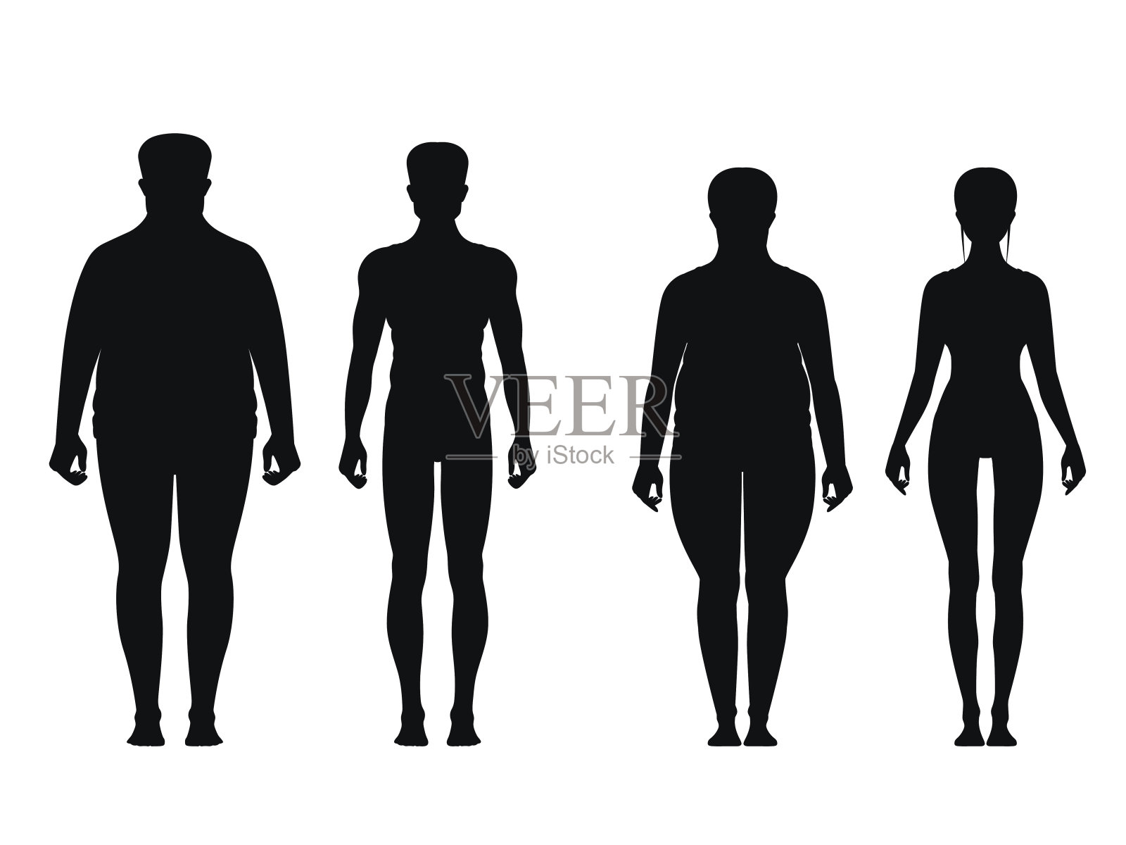 胖人和瘦人的剪影。减肥超重的男人和胖女人。矢量插图隔离设计元素图片